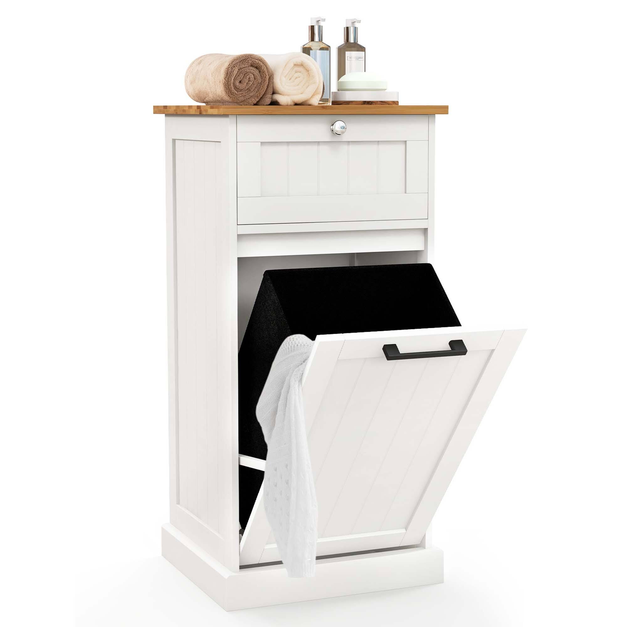 Costway - Laundry Cabinet Freestanding Tilt Out Laundry Hamper with Basket Drawer Organizer - White/Natural