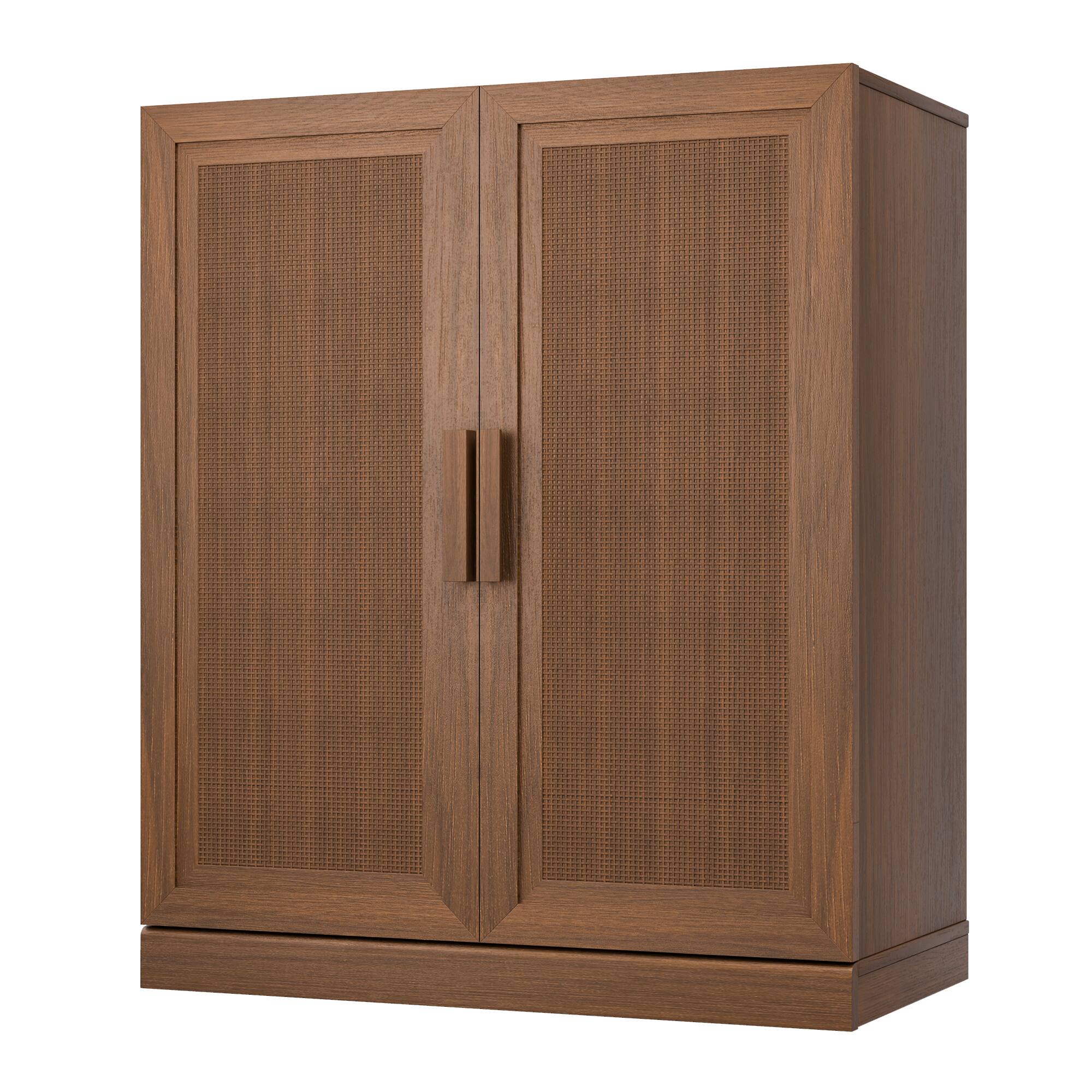 Angle. PexFix - Farmhouse Buffet Sideboard, 36" Oak Storage Cabinet with Scratch-Proof, Woven Doors and Adjustable Shelves for Entryway - Light Walnut.