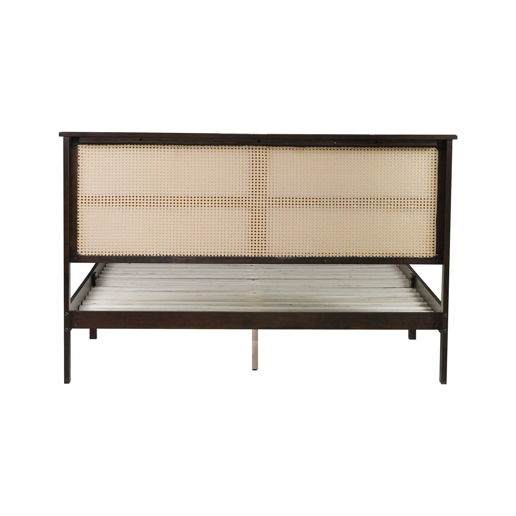 Alt View 2. GOODSILO - Queen Size Solid Wood Bed with Rattan Headboard and Enhanced Support Feet - Espresso.