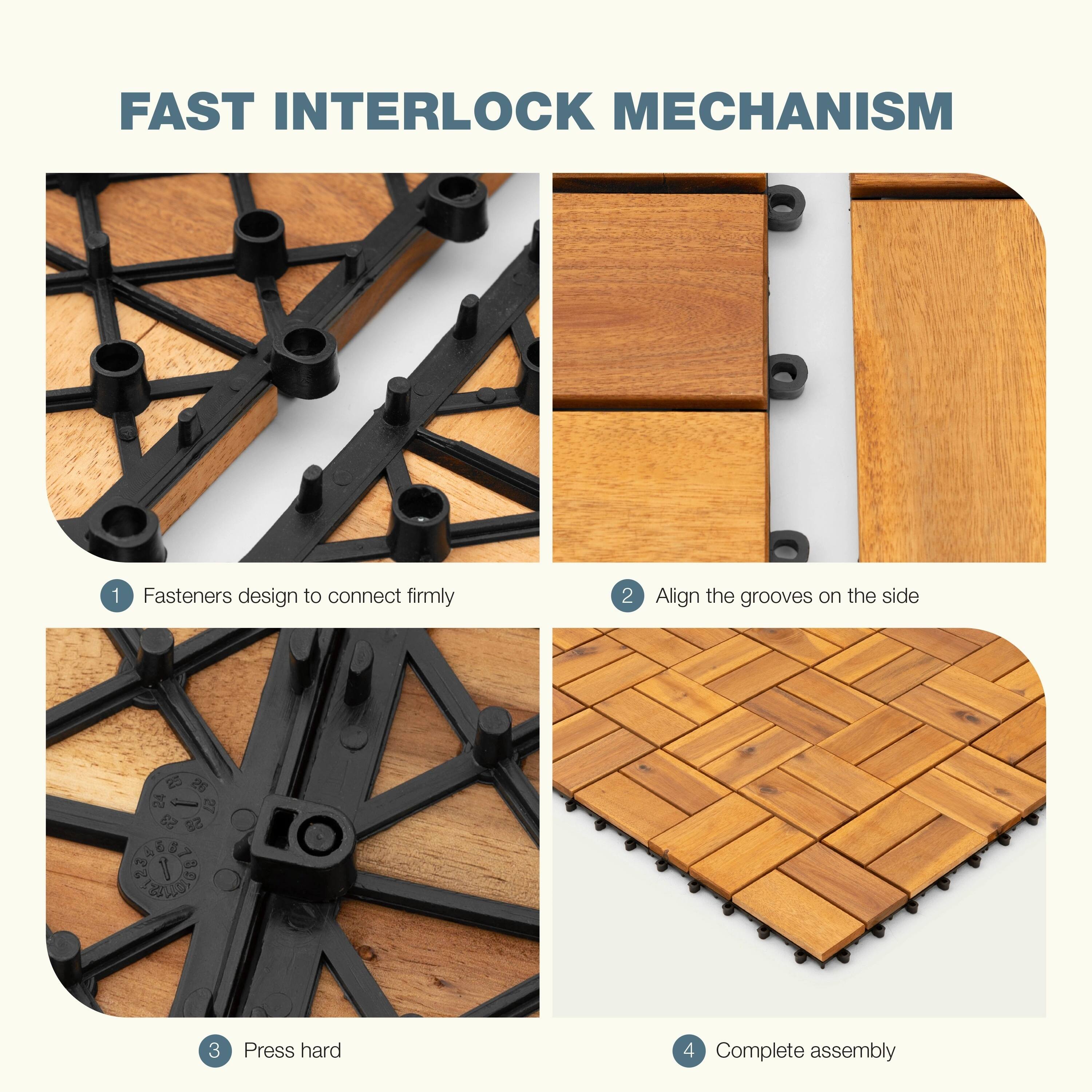 FAST INTERLOCK MECHANISM

1. Fasteners designed to connect firmly
2. Align the grooves on the side
3. Press hard
4. Complete assembly