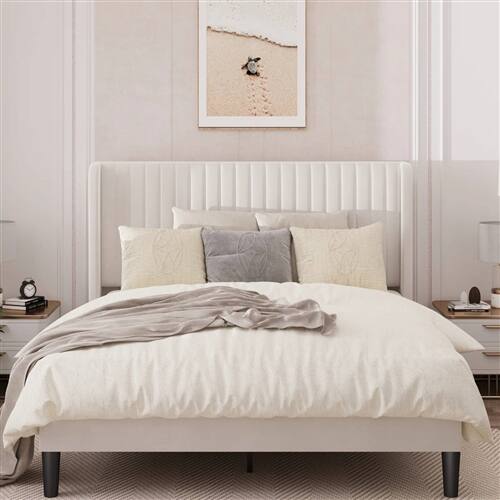 Angle. Hivvago - Queen size White Velvet Upholstered Platform Bed Frame with Wingback Headboard - White.