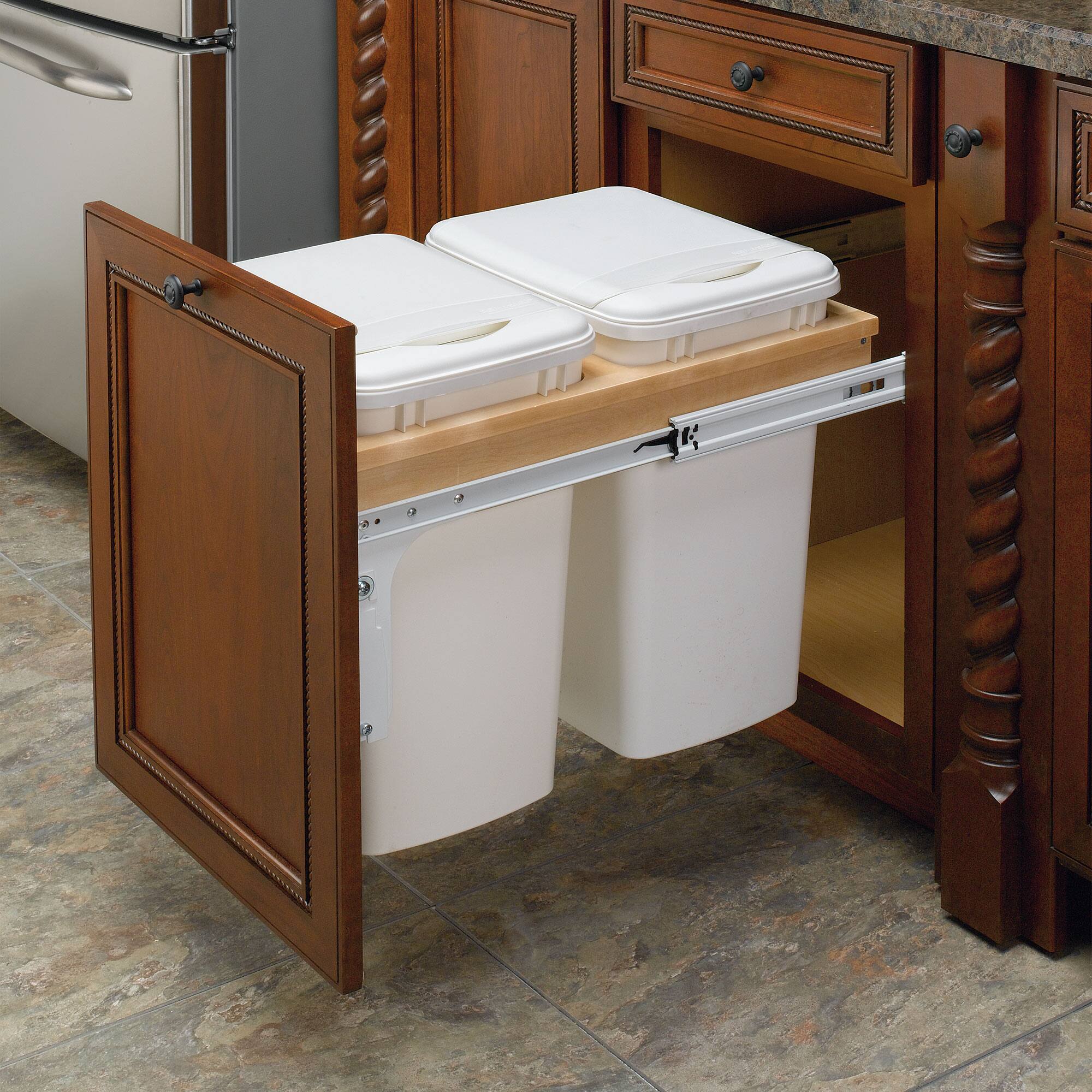 Alt View 3. Rev-A-Shelf - Rev-A-Shelf Double Pullout Top Mount Trash Cans 35 qt., White, 4WCTM-18DM2-175 - Light Brown.