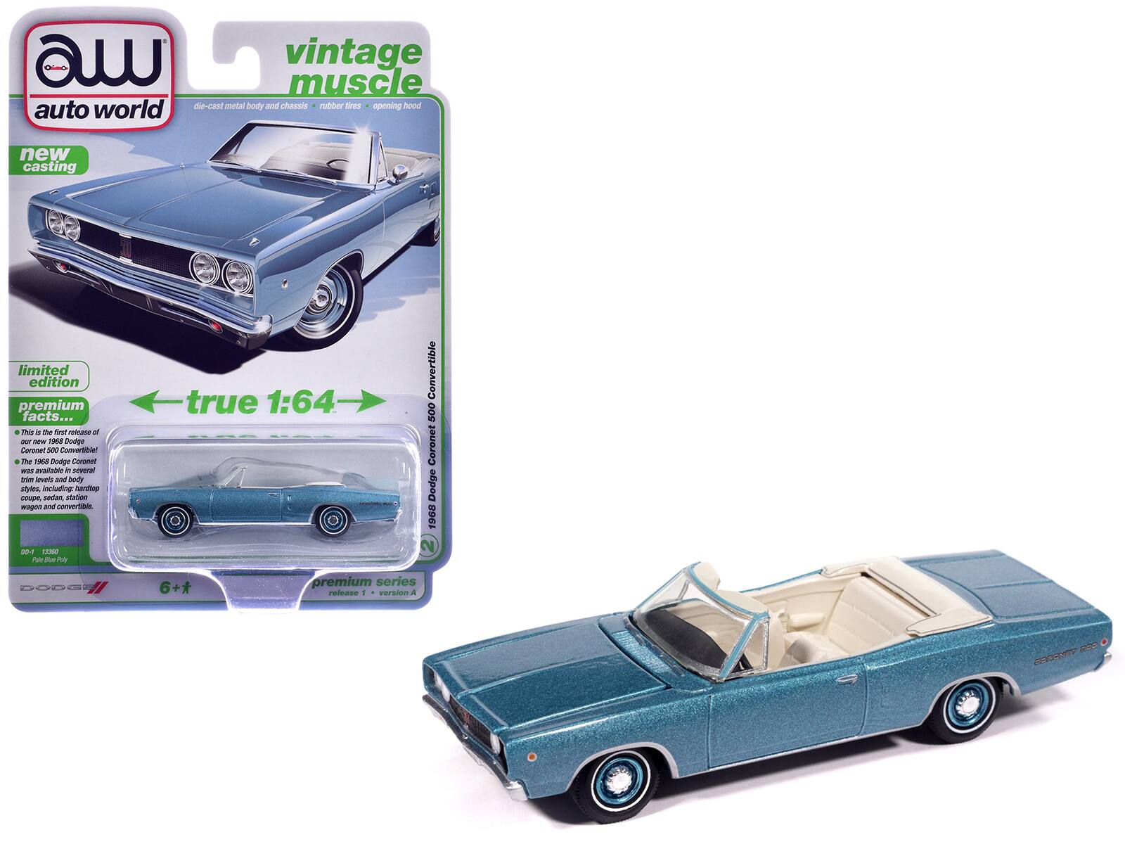 A vintage muscle world die-cast metal body and chassis rubber tires opening hood auto new casting limited edition premium facts... This is a me finet a of N - 10 Dodge Coronet 500 Convertible + The 1 Dodge Coronet a available in several Drin Jrvela and body styles, including Nardtop coupe, aedas, atadion wagon and convertibne. 00-1 12300 Pate - A true 1:64 Convertible 500 Coronet Dodge 1968 2 DODGI 6+* premium series release - version A 220 ETY