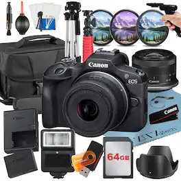Canon - EOS R100 Mirrorless Camera with 18-45mm Lens + 64GB Card + Tripod + ZeeTech Bundle - Black