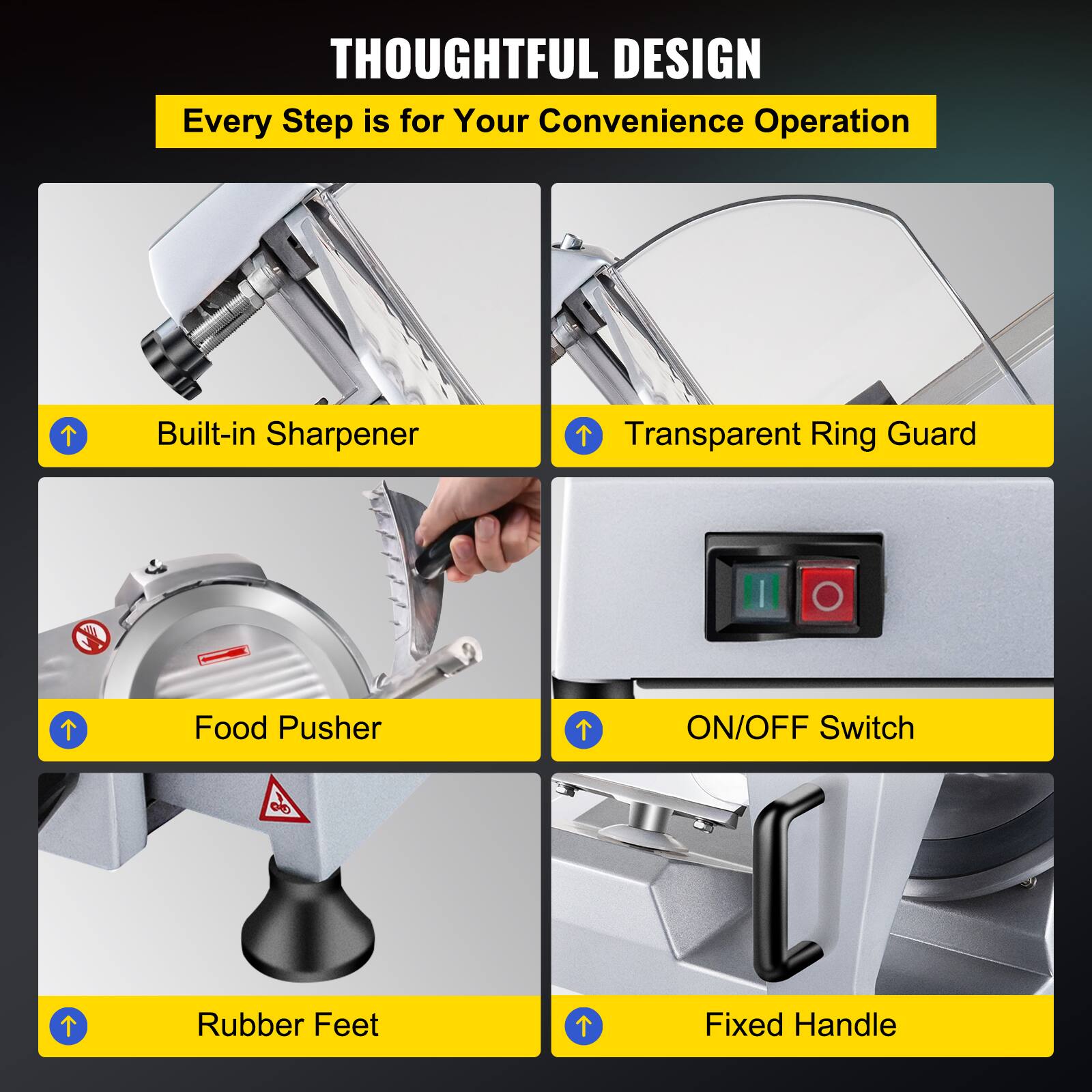 THOUGHTFUL DESIGN  
Every Step is for Your Convenience Operation  

- Built-in Sharpener  
- Transparent Ring Guard  
- Food Pusher  
- ON/OFF Switch  
- Rubber Feet  
- Fixed Handle