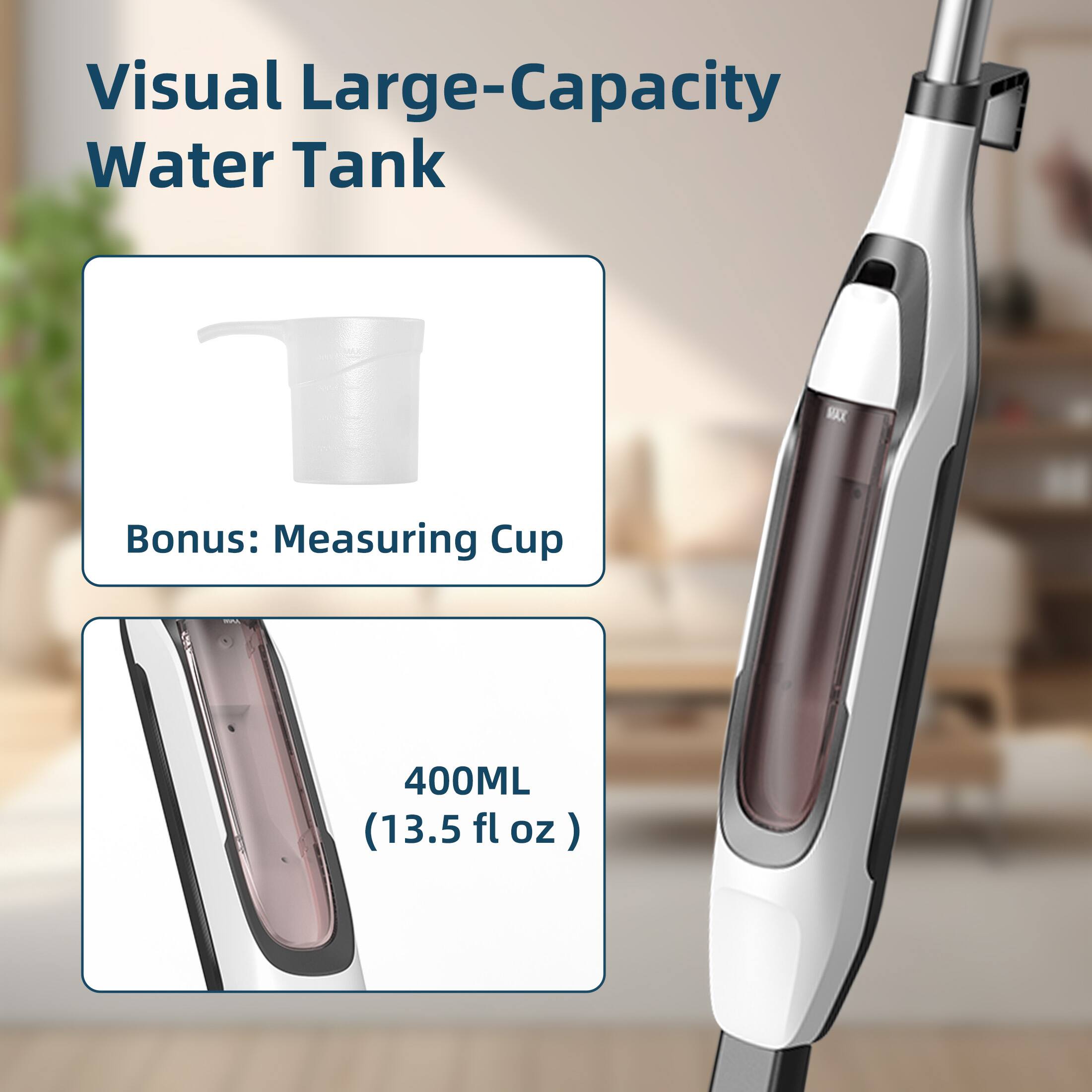 Visual Large-Capacity Water Tank  
Bonus: Measuring Cup  
MAX  
400ML (13.5 fl oz)