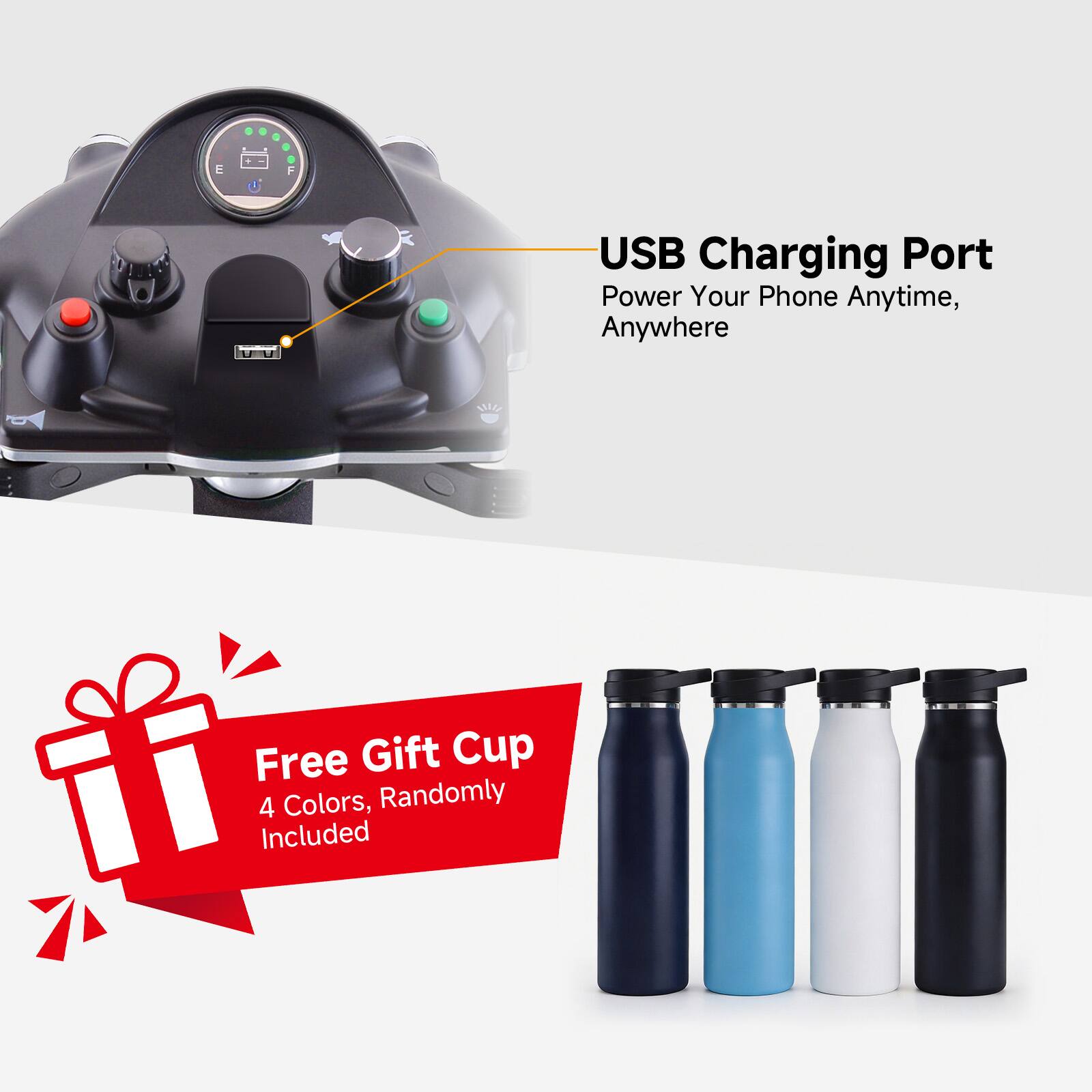 USB Charging Port  
Power Your Phone Anytime, Anywhere  

Free Gift Cup  
4 Colors, Randomly Included