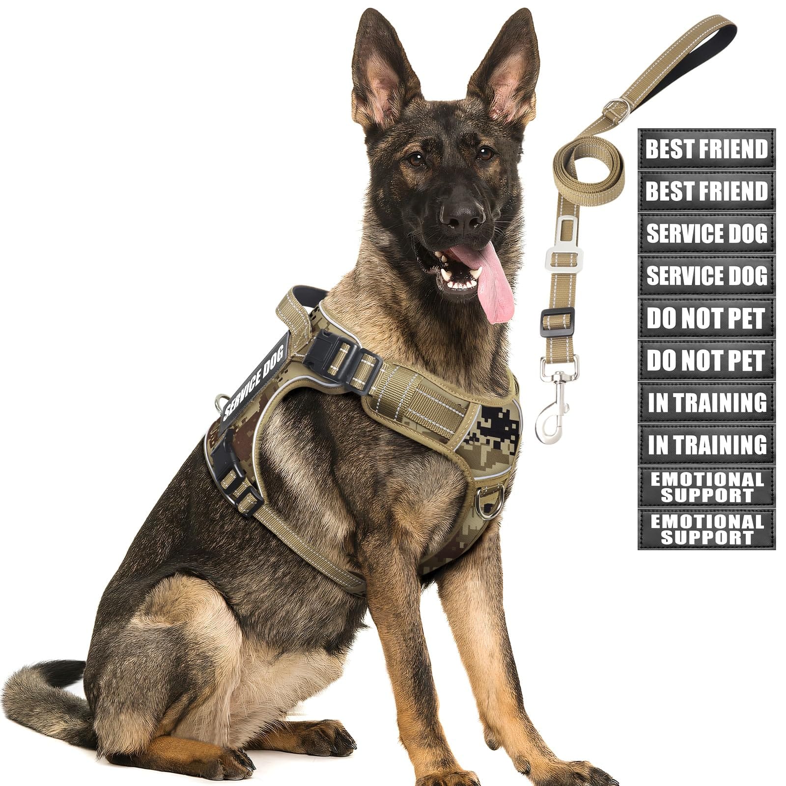 Paradigms Interiors - Dog Harness And Leash Set For Dogs No Pull Service Vest 10 Patches With Seat Belt Reflective Pet Walking - Desert Camo-Medium