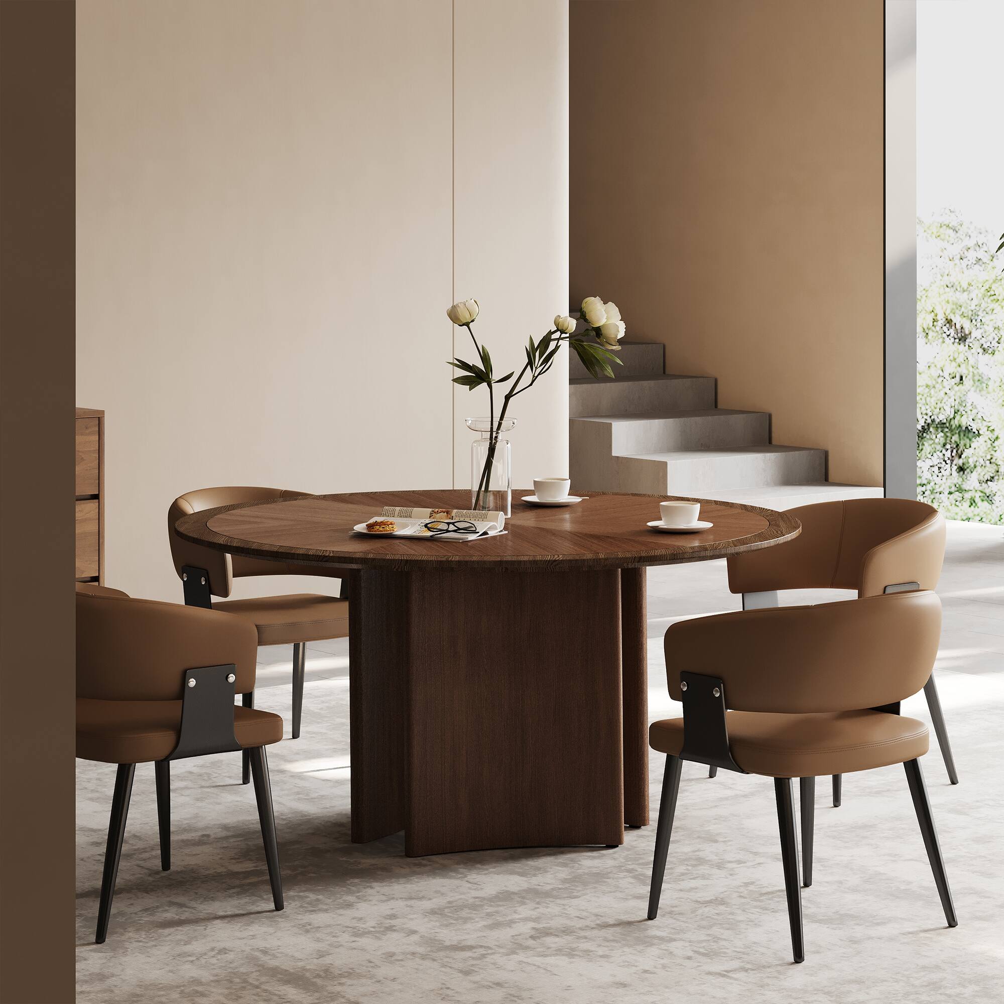 Left. luck idea - 59.05" Round Dining Table with Geometric Mosaic Tabletop and Half-Moon Base - Walnut color.