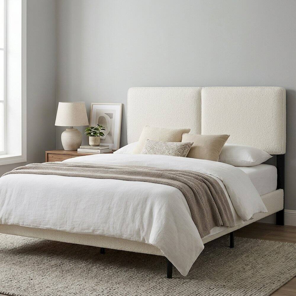 Left. FurniFact - Boucle Fabric Full Headboard with Soft Textured Upholstery and Durable Build - Beige.