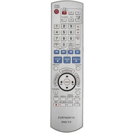 DVD POWER TV POWER + TV/VIDEO CH VOLUME I 1 2 3 4 5 6 7 8 9 ADD CH CANCEL . 0 INPUT SELECT DELETE SLOW/SEARCH STOP PAUSE PLAY/x1.3 TIME SLIP CM SKIP SCHEDULE ENTER FUNCTIONS SUB MENU RETURN CREATE CHAPTER SETUP REC REC MODE STATUS F Rec EUR7659Y10 DVD/TV