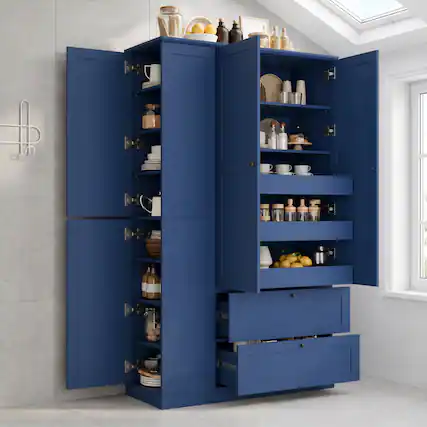 Front. Whisen - 74" H Kitchen Pantry Cabinet, Freestanding Storage Hutch with Drawers, Pull-Out Trays & Side Cabinets - Blue.