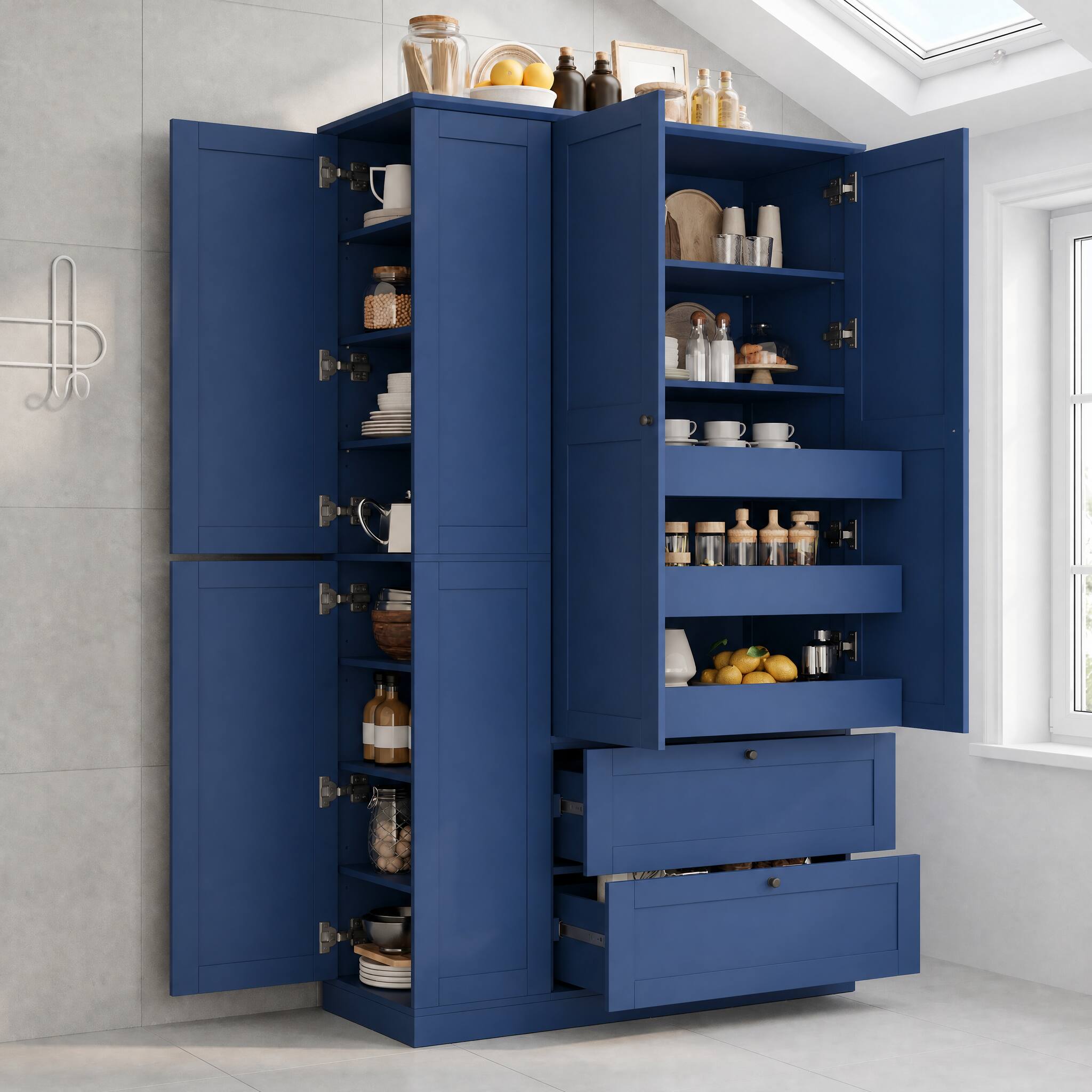 Front. Whisen - 74" H Kitchen Pantry Cabinet, Freestanding Storage Hutch with Drawers, Pull-Out Trays & Side Cabinets - Blue.