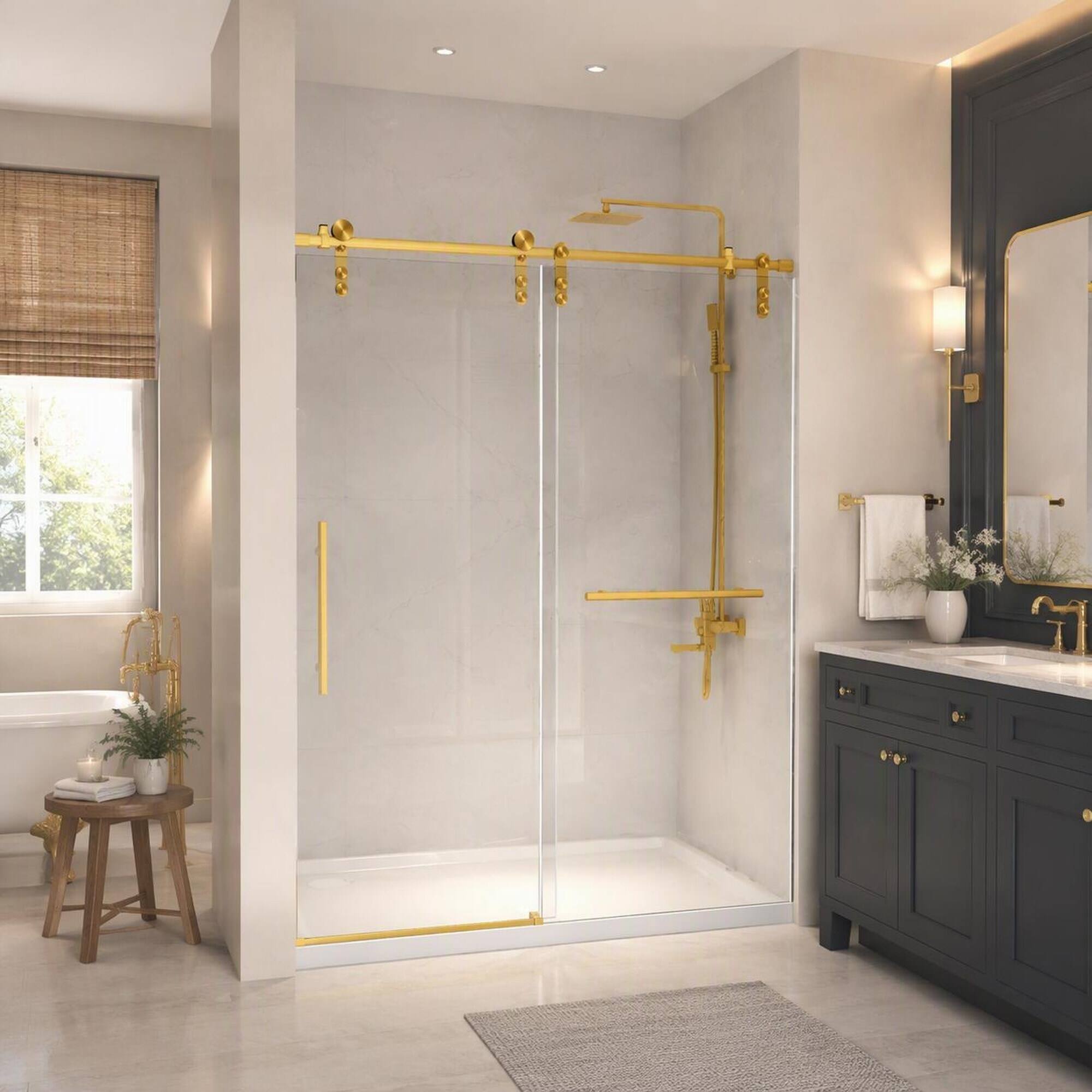 Left. RYHNUYNE - 50-54 In X 76 In H Frameless Sliding Shower Door, 5/16 In Clear Tempered Glass Brushed Gold Finish - Brushed Gold.