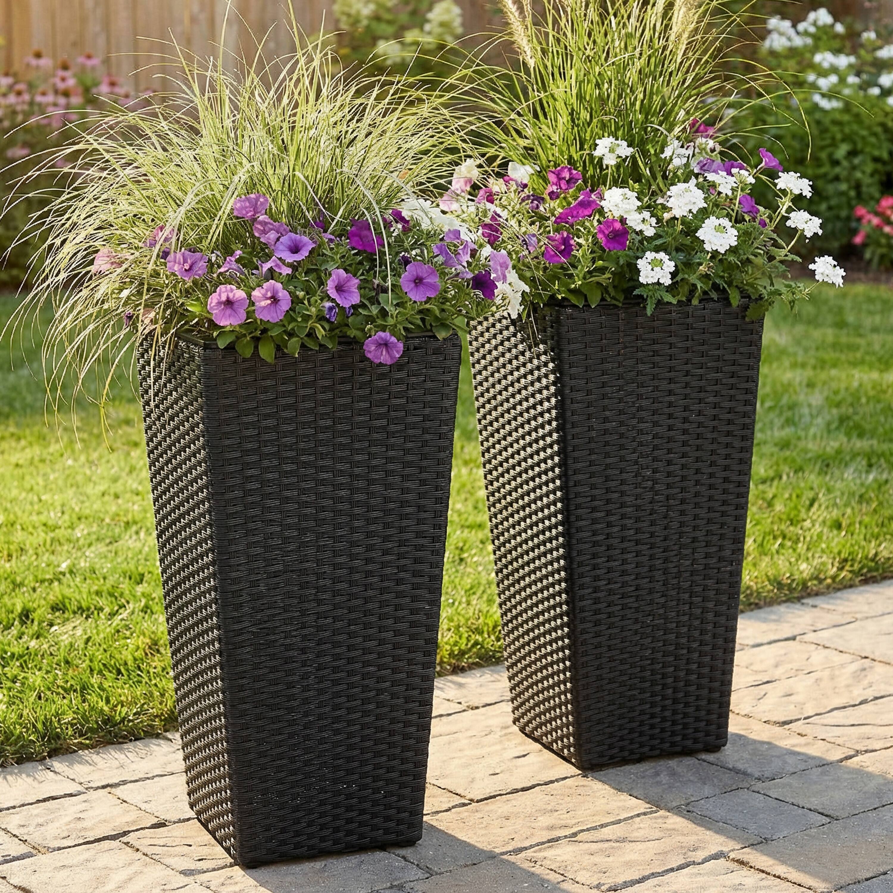 Alt View 7. Sunnydaze - 24" H Polyrattan Tall Square Planter - Set of 2 - Black.