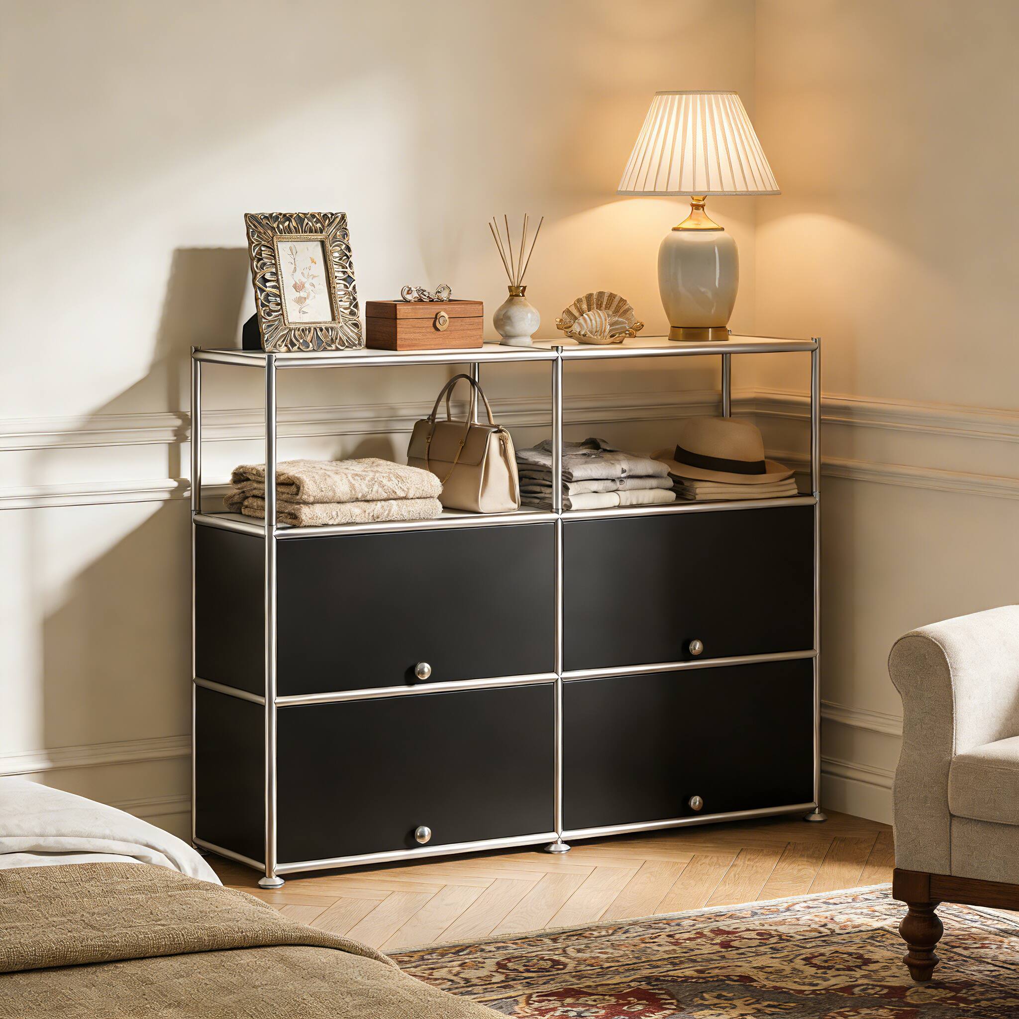 Alt View 4. Malletson - Storage Cabinet with Double Drawers and Metal Frame, Multi-Purpose Home Organizer for Entryway, Living Room or Bedroom - Black.