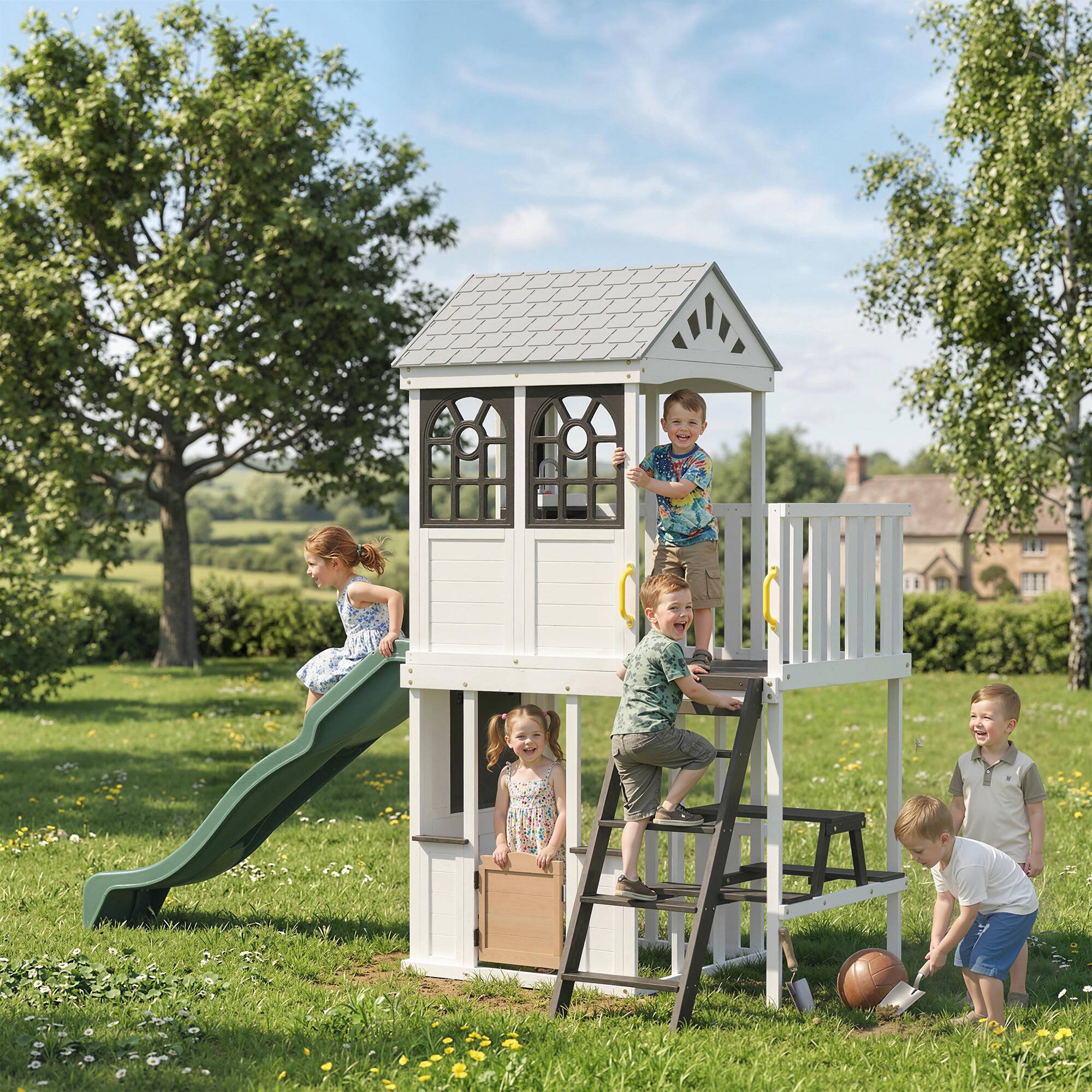 Alt View 1. Qaba - Outdoor Playhouse, Wooden Kids Playhouse with Slide, Table & Bench, Play Kitchen, Ladder - White.
