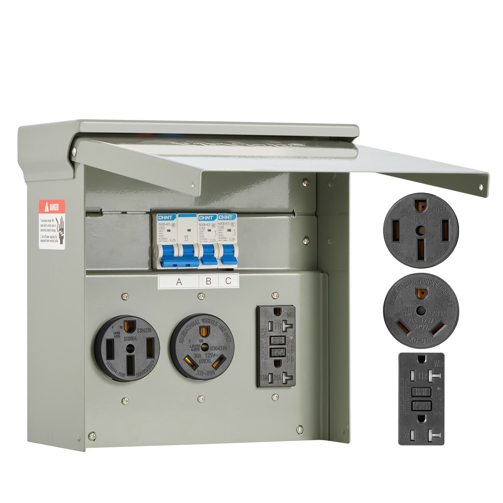VEVOR - Temporary Power Outlet Panel, 20 30 50 Amp, RV EV Electrical Outlet Panel, with NEMA 50 Amp NEMA 30 Amp GFCI 20 Amp - Gray