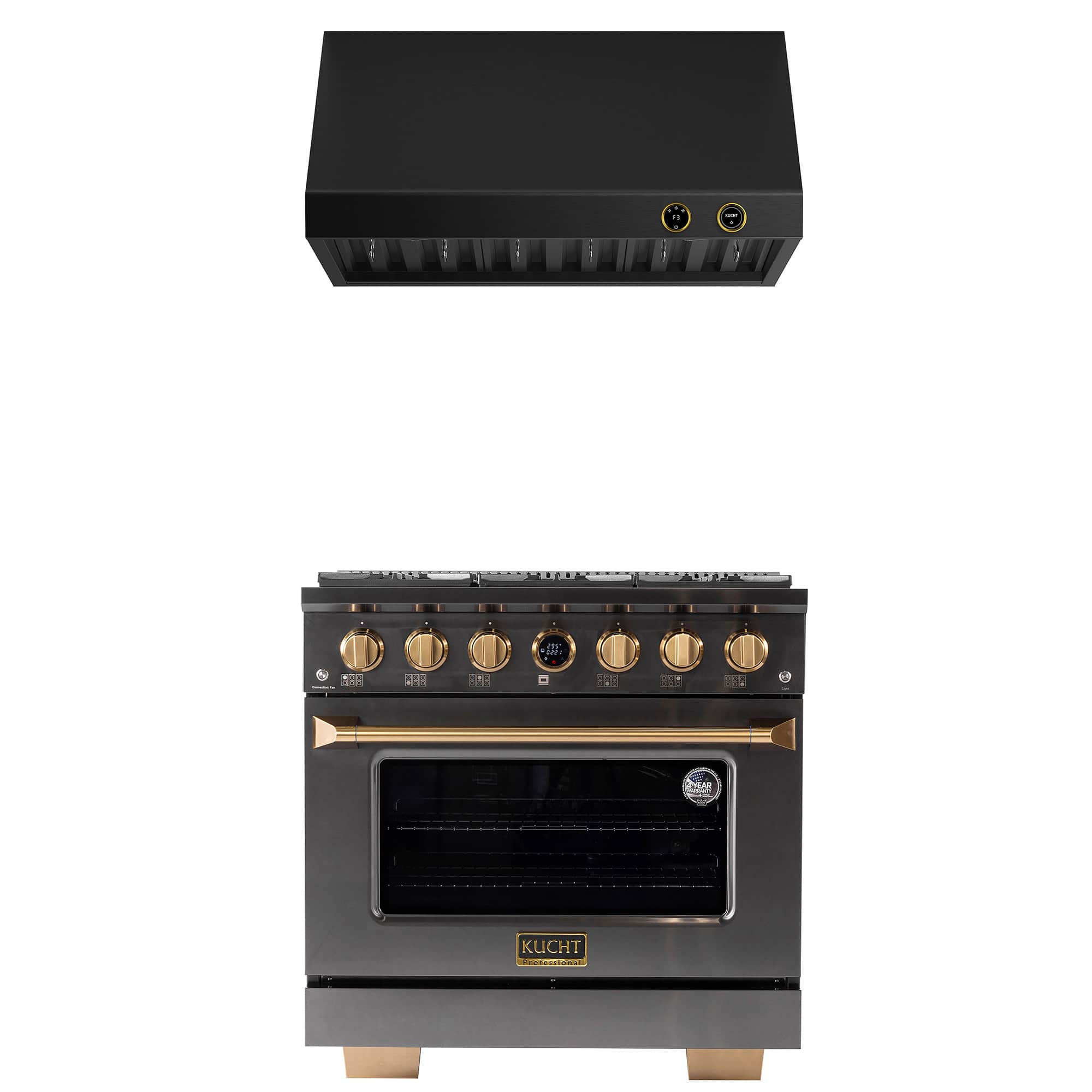 Kucht - 36 in. 5.2 cu. ft. 6 Burners Dual Fuel Range for Propane Gas in Titanium Stainless Steel + Under Cabinet Range Hood - Gemstone with Gold accents