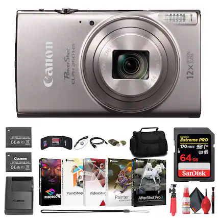 Canon PowerShot ELPH 360 HS
Canon HS PowerShot 360 ELPH IS
ENS120 ZOOM
1:3.6-7.9 45-54.0mm
OPTICAL ZOOM 12x
BATTERY PACK NB-13L
Canon MTEA
SanDisk Extreme PRO 170 MB/s V30
64 GB
PaintShop Pro
VideoStudio
AfterShot Pro 3 essentials
Painter essentials
PHOTO M