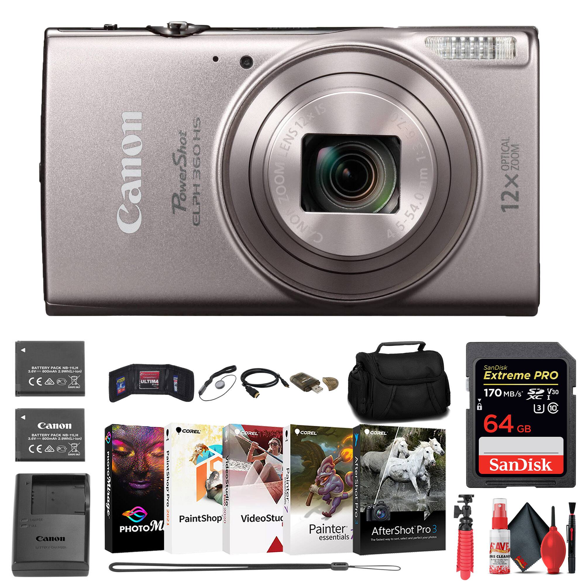 Canon PowerShot ELPH 360 HS  
Canon HS PowerShot 360 ELPH IS  
ENS120 ZOOM  
1:3.6-7.9 45-54.0mm  
OPTICAL ZOOM 12x  
BATTERY PACK NB-13L  
Canon MTEA  
SanDisk Extreme PRO 170 MB/s V30  
64 GB  
PaintShop Pro  
VideoStudio  
AfterShot Pro 3 essentials  
Painter essentials  
PHOTO M