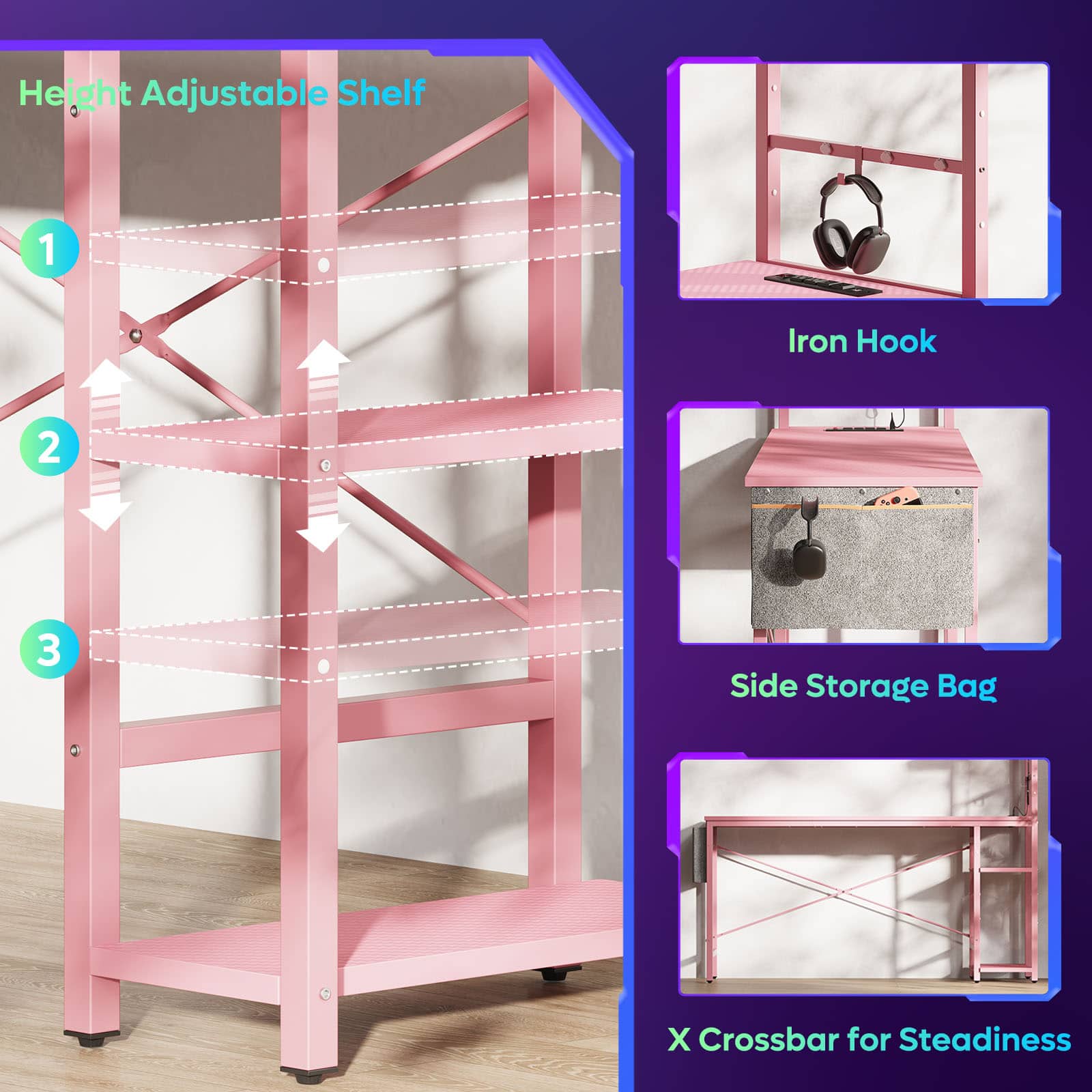 The text on the image is grouped and corrected as follows:
Height Adjustable Shelf: This is a pink shelf that can be adjusted to different heights.
Iron Hook: This is a pink iron hook that can be used for hanging items.
3 Side Storage Bag: This is a pink storage bag with three compartments for organizing items.
X Crossbar for Steadiness: This is a pink crossbar that can be added to the shelf for added stability.