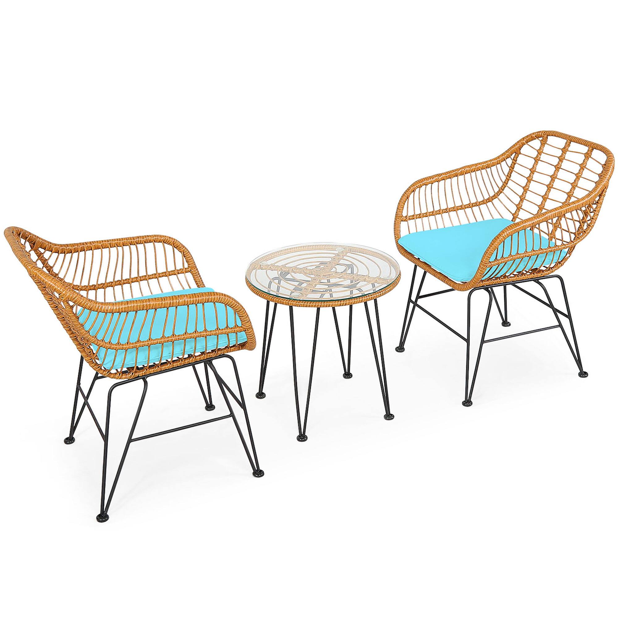 Alt View 9. Gymax - Gymax 3PCS Rattan Patio Bistro Set Conversation Furniture Set w/ Turquoise Cushions - Turquoise.