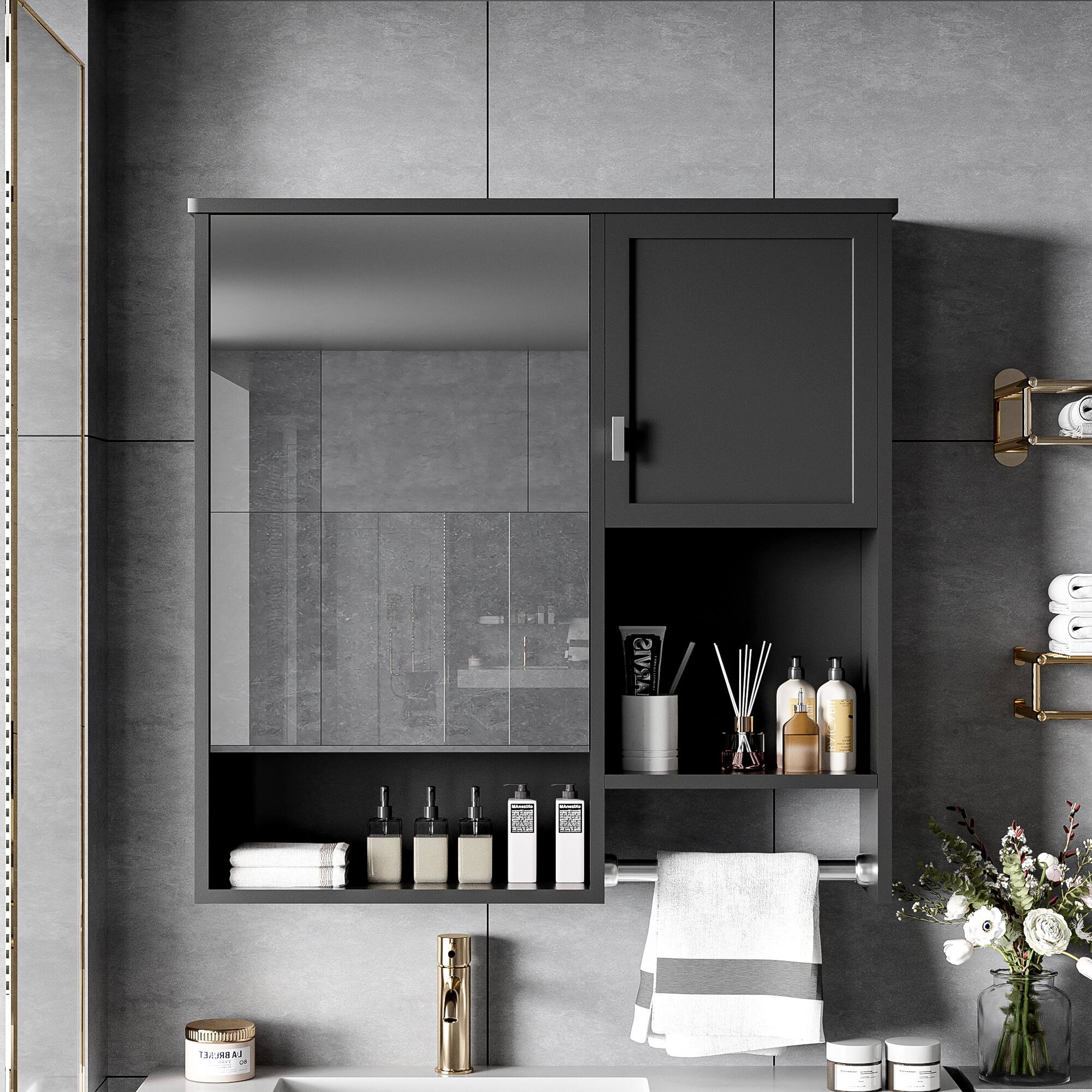 Alt View 8. Ecooso - 29x28in Bathroom Storage Cabinet with Mirror, Wall Mounted Medicine Organizer with Bar - Black.
