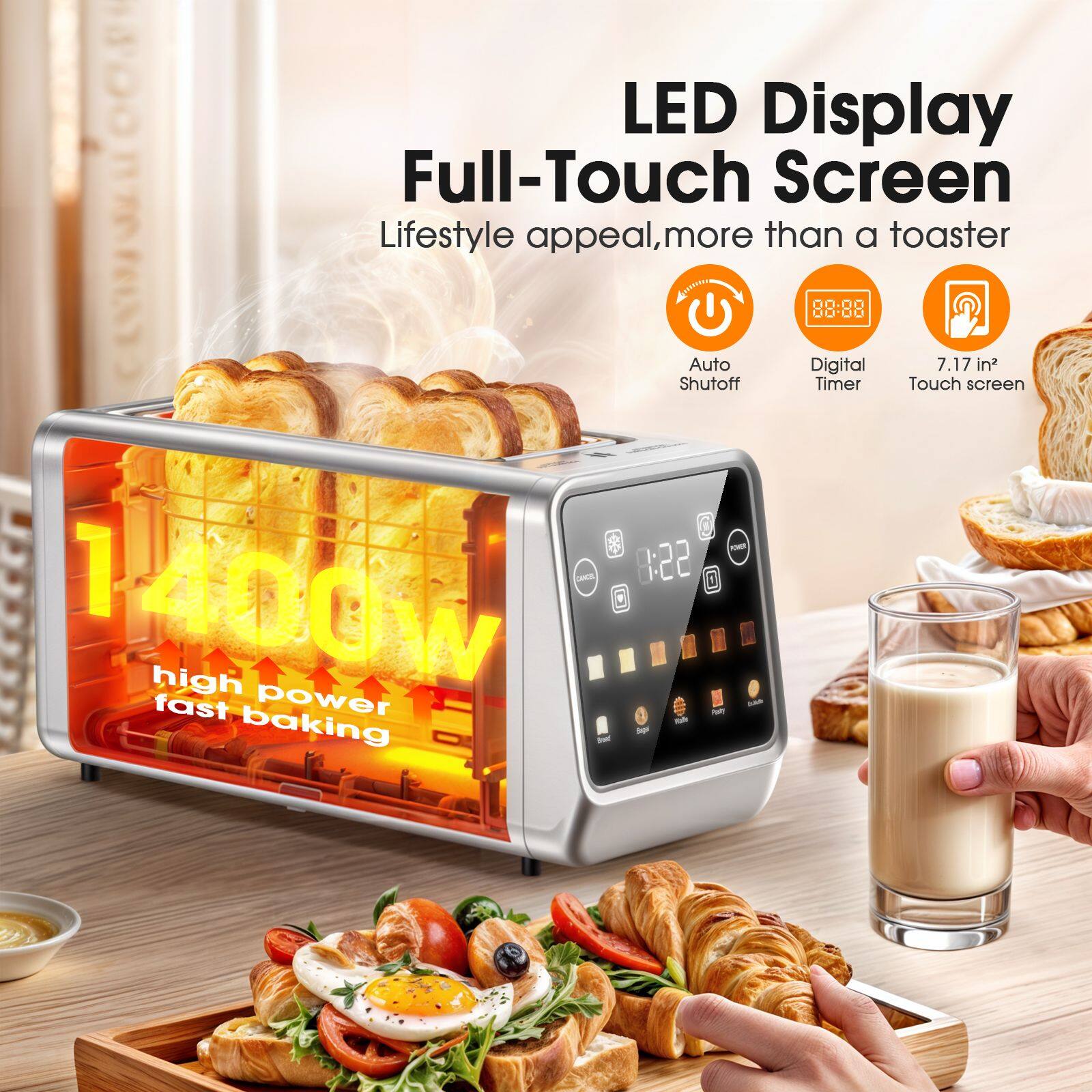 LED Display Full-Touch Screen  
Lifestyle appeal, more than a toaster  

- Auto Shutoff  
- Digital Timer  
- 7.17 in² Touch screen  

1400W  
high power fast baking  

1:22