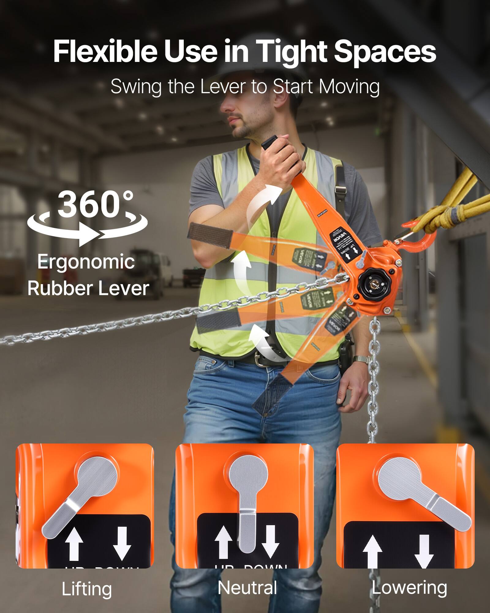 Flexible Use in Tight Spaces  
Swing the Lever to Start Moving  

360° Ergonomic Rubber Lever  

Lifting  
Neutral  
Lowering