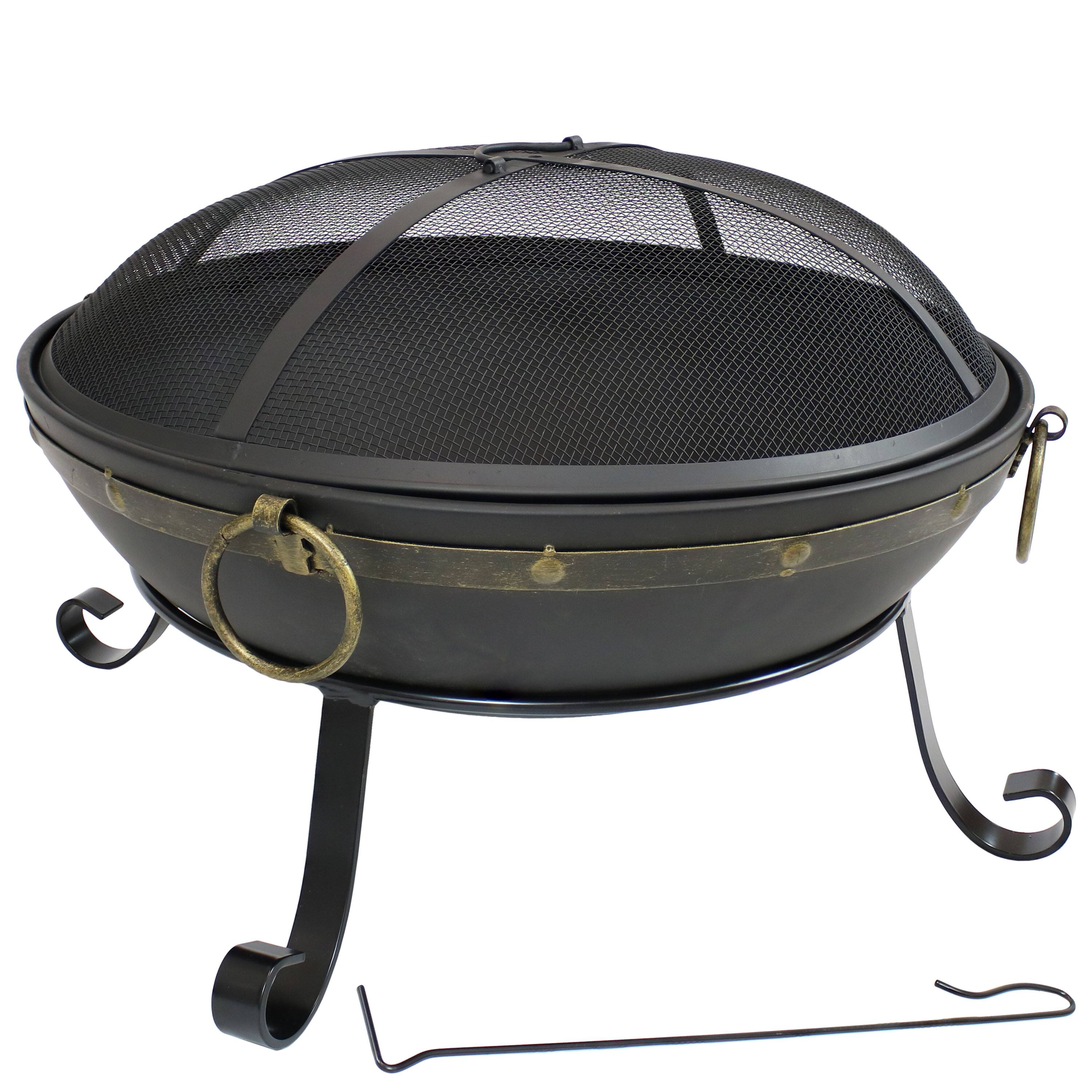 Front. Sunnydaze - 25 in Victorian Steel Fire Bowl with Handles and Spark Screen - Black.