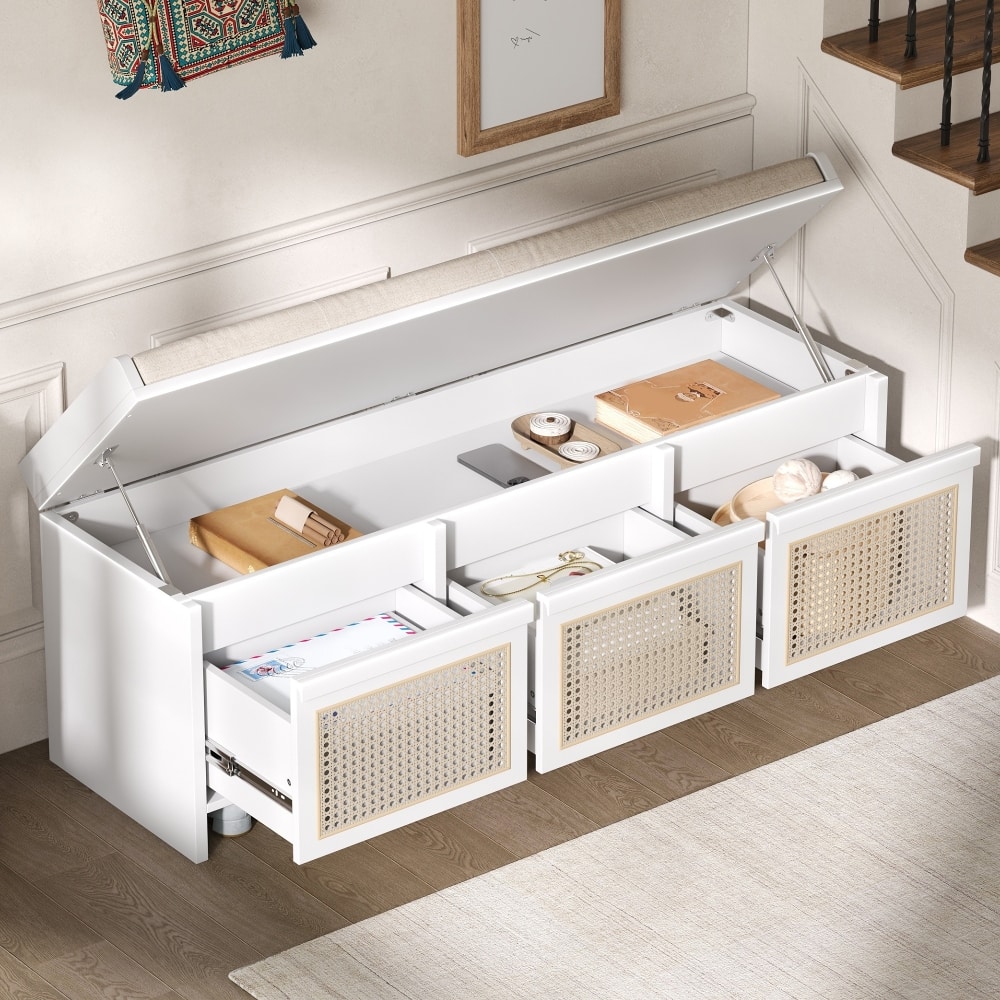 Ropilly - 48 Inch Entryway Shoe Bench with Cushion, Retro Storage Bench with Rattan Drawers and Hidden Compartment - White
