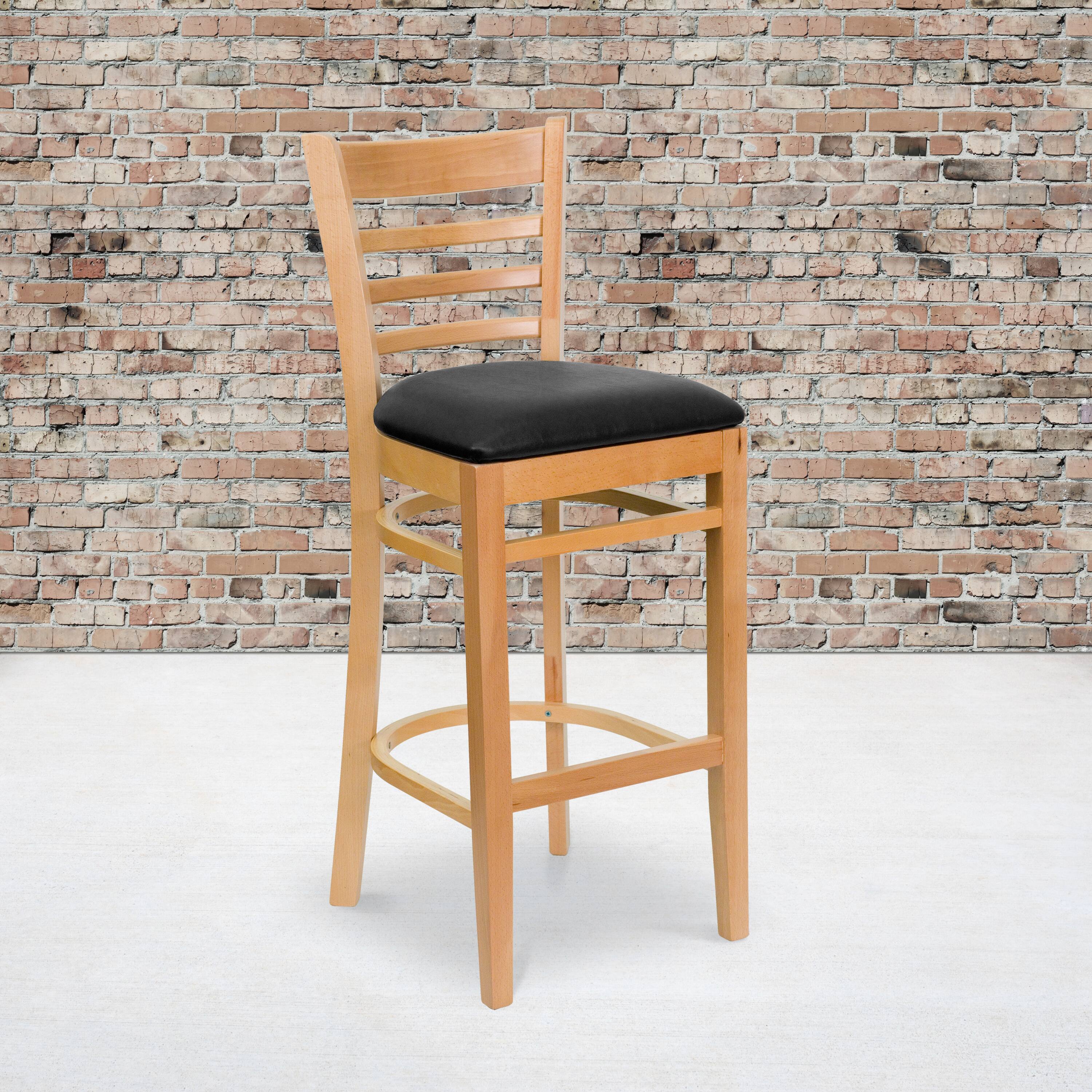 Alt View 1. Emma + Oliver - Ladder Back Wooden Restaurant Dining Barstool - Black Vinyl Seat/Natural Wood Frame.