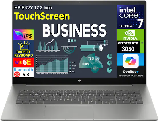 HP ENVY 17.3 inch TouchScreen
BUSINESS
intel CORE 7 ULTRA
NVIDIA GEFORCE RTX 3050
IPS SUPER CLEAR
BACKLIT KEYBOARD
WiFi 6E
Bluetooth 5.3
Copilot Microsoft - Certified
Chat 100%
Website - E-mail
Blog
2008 2009 2010 2011 2012 2013 2014 2015
25% 15% 100% 70% 20%
75% 50%
100%