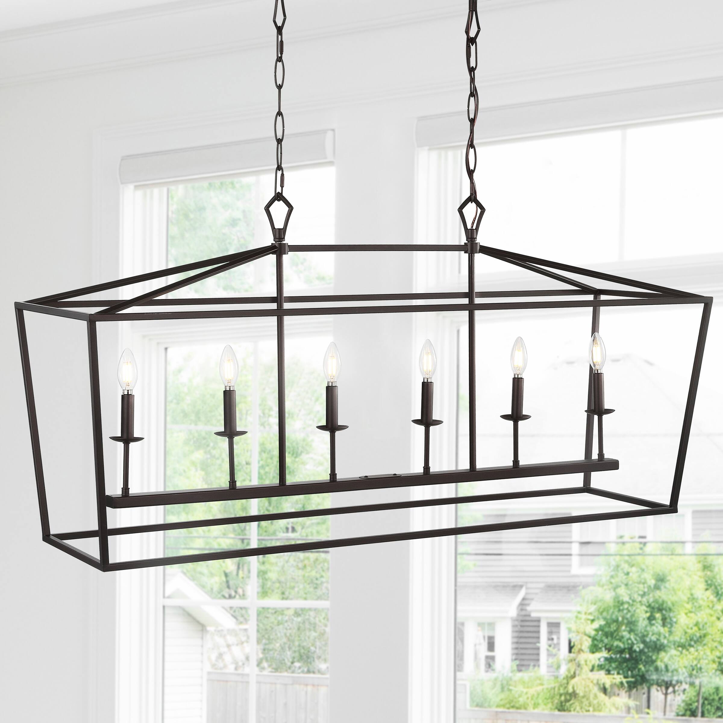 Alt View 1. Jonathan Y - Pagoda 49" 6-Light Classic Traditional Metal Linear Cage Lantern LED Pendant, Oil Rubbed Bronze - Oil Rubbed Bronze.