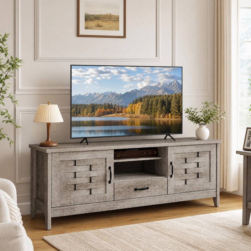 Angle. WELLFOR - Farmhouse TV Stand for 65 Inch TVs, Entertainment Centre with 2 Woven Accent Doors and Adjustable Shelves - Oak.