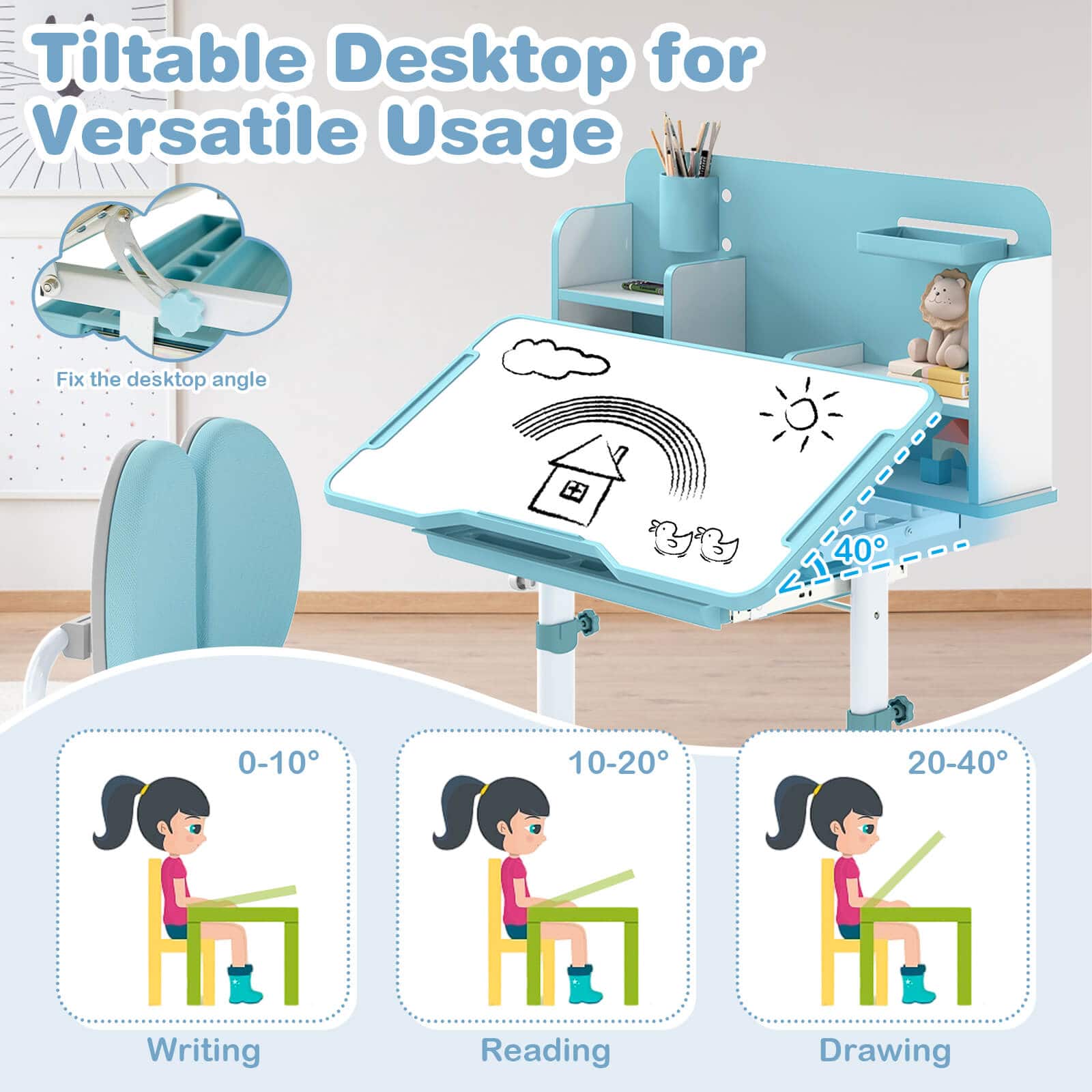 Costway Kid's Study Desk & Chair Set with Tilt Desktop, Pen Holder