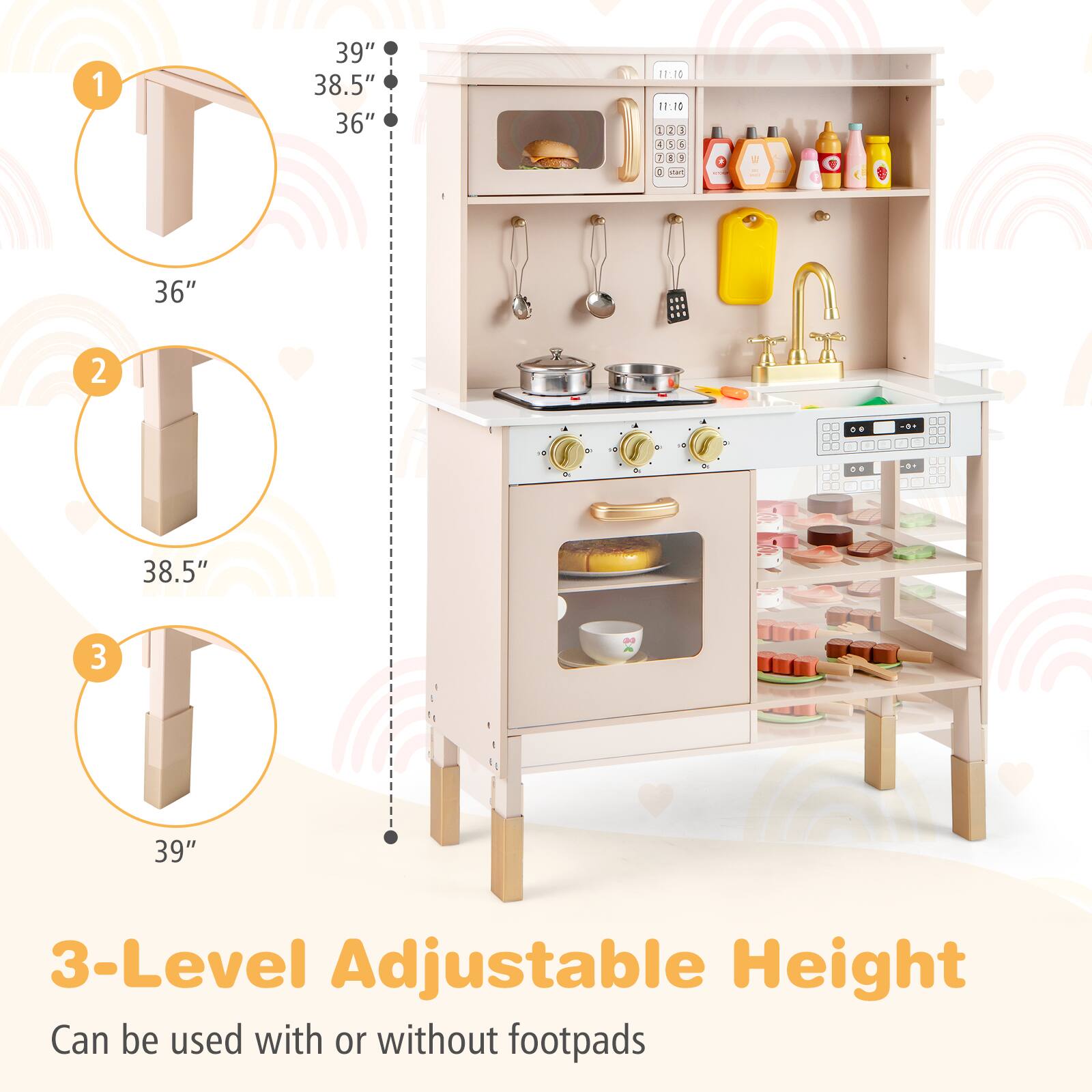 1 39" 38.5" 36" 11:10 18:10 1 I  1 1 : 1 : a 36" 2 - + - - - - d -. - . - + - + - + .. 38.5" 3 39" 3-Level Adjustable Height Can be used with or without footpads