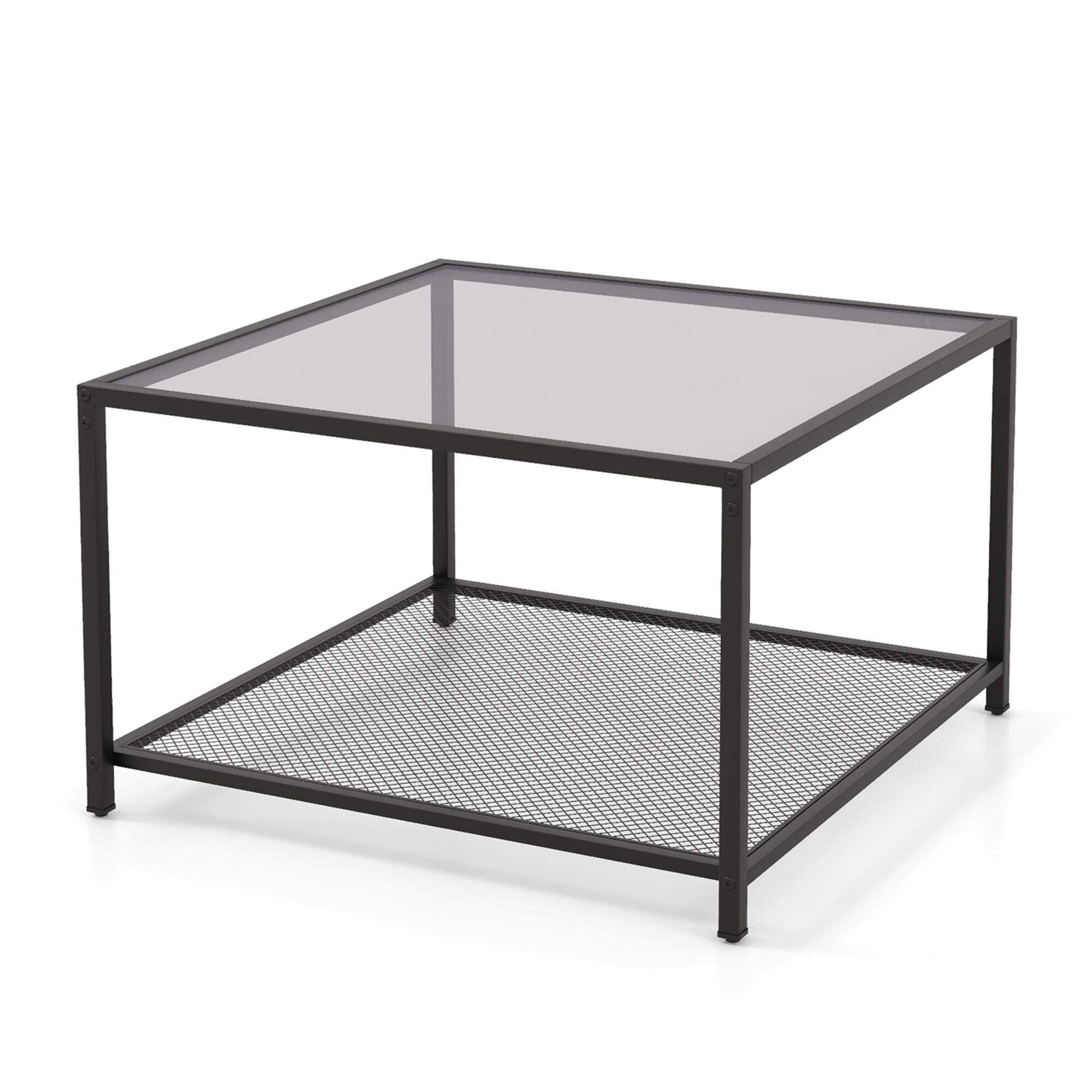 Alt View 17. Costway - Glass Coffee Table 27.5 Inch 2-Tier Square with Mesh Shelf Living Room Grey - Grey and Black.
