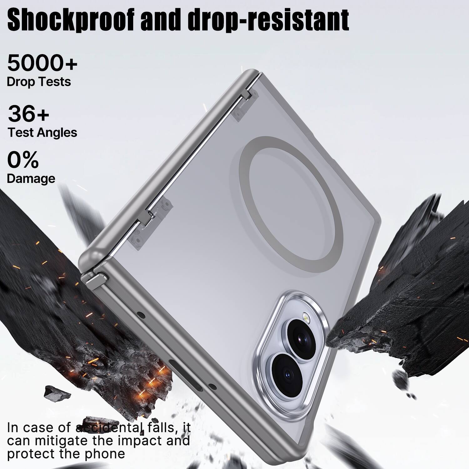 Shockproof and drop-resistant

5000+ Drop Tests

36+ Test Angles

0% Damage

In case of accidental falls, it can mitigate the impact and protect the phone
