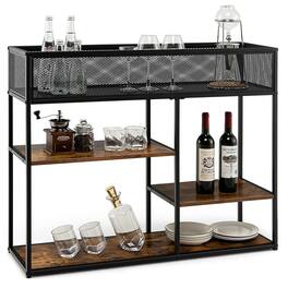 Gymax - 4-Tier Console Table w/ Wire Basket Narrow Sofa Table w/ shelf Industrial Bookcase - Rustic Brown,Black