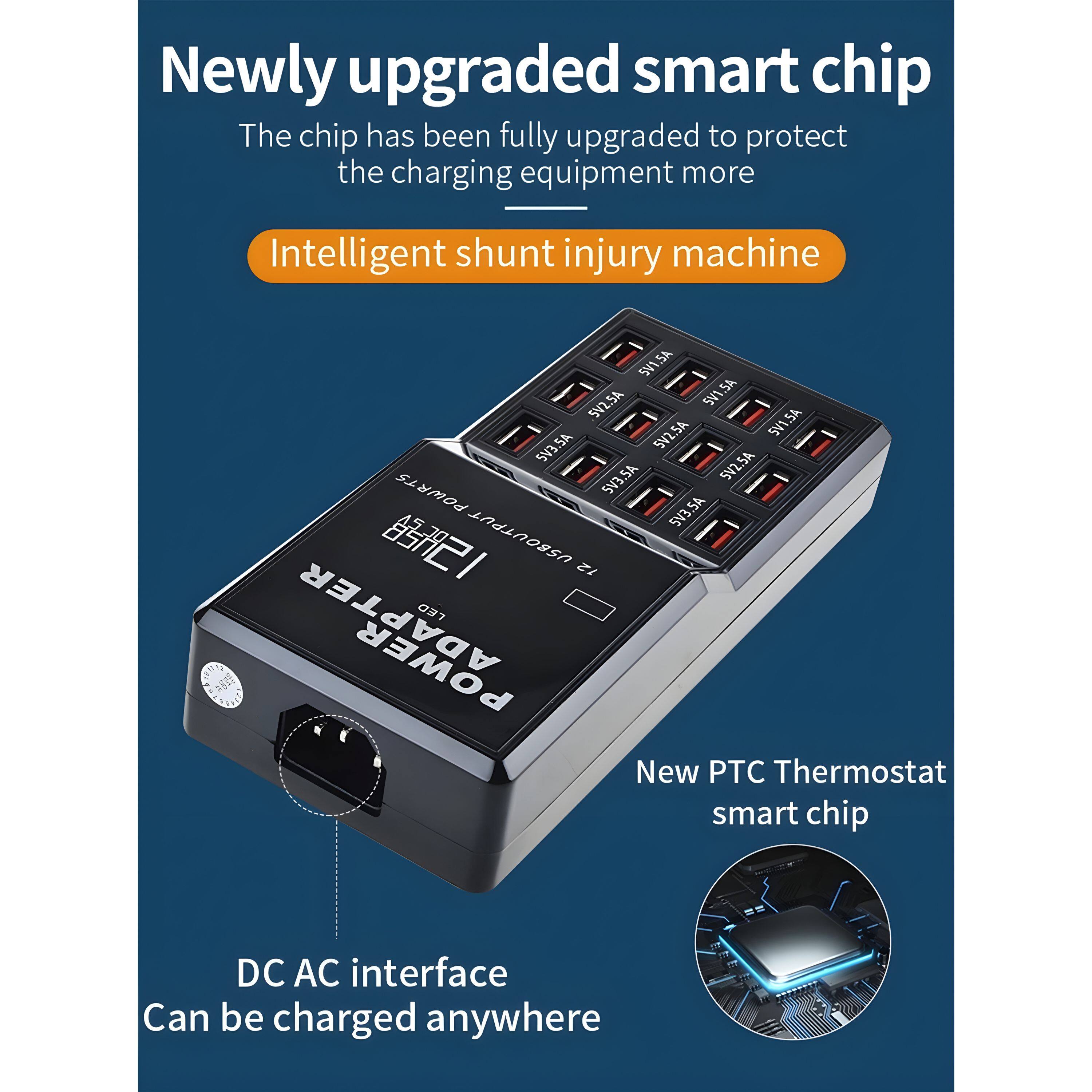 Newly upgraded smart chip  
The chip has been fully upgraded to protect the charging equipment more  

Intelligent shunt injury machine  

New PTC Thermostat smart chip  

DC AC interface  
Can be charged anywhere