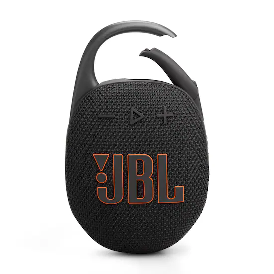 A black portable clip-on speaker