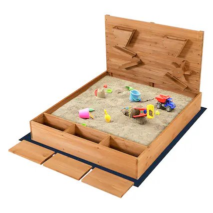 Front. Costway - Costway Wooden Sandbox w/ Sand Wall & Cover & Bottom Liner for Kids Outdoor - Natural.