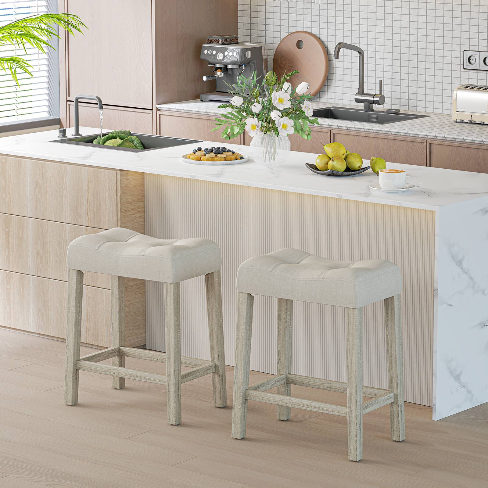 Alt View 7. Gymax - Gymax 24'' Bar Stools Set of 2 w/ Footrest Rubber Wood Frame for Kitchen Island - Gray.