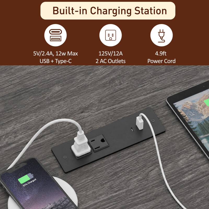 Built-in Charging Station

5V/2.4A, 12w Max USB + Type-C

125V/12A 2 AC Outlets

4.9ft Power Cord

57% Charged