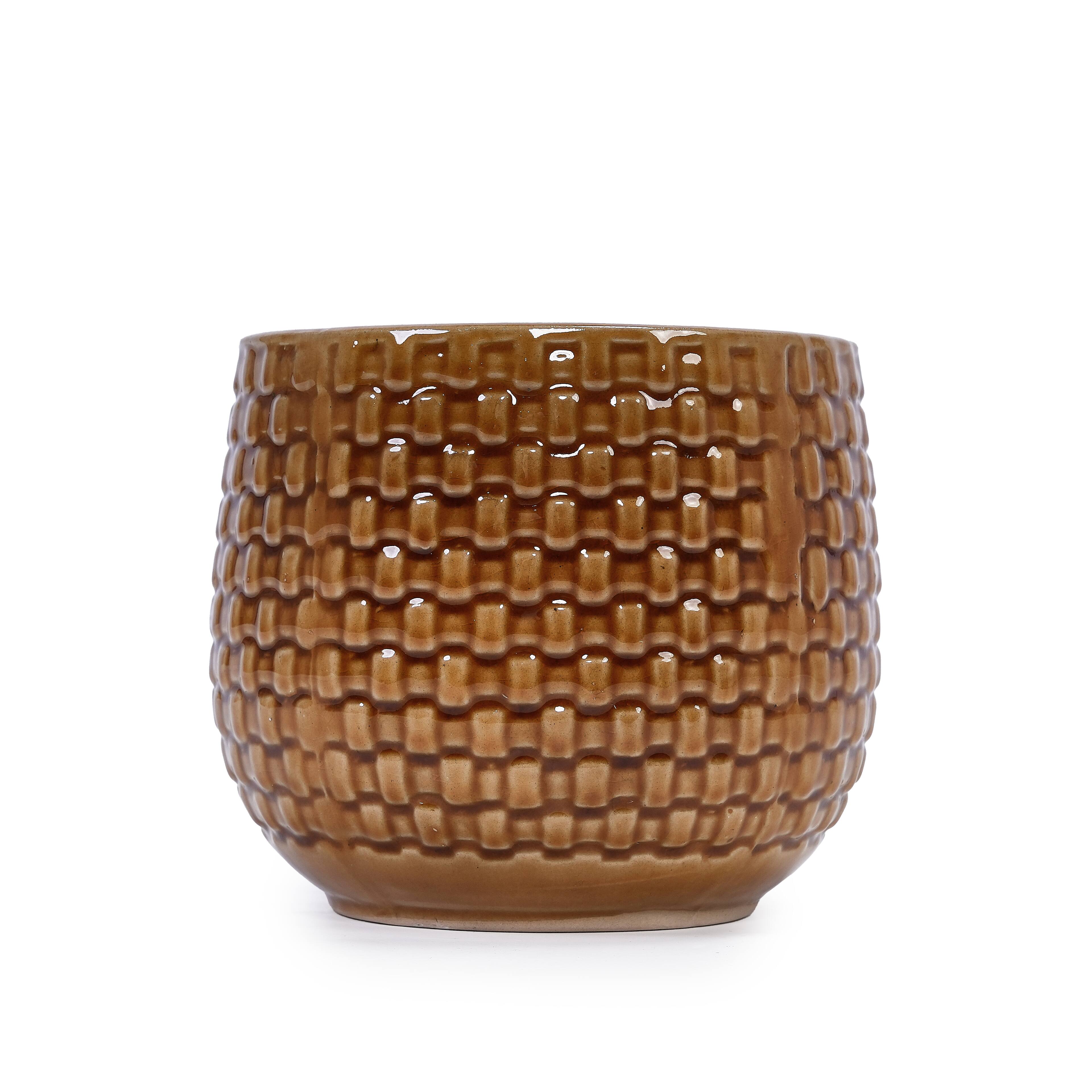 Alt View 4. Loheer - Loheer Ceramic Planter Set, Handmade Glazed Planter Set of 3 with Drainage, Diamond Pattern Terracotta Brown Pots.