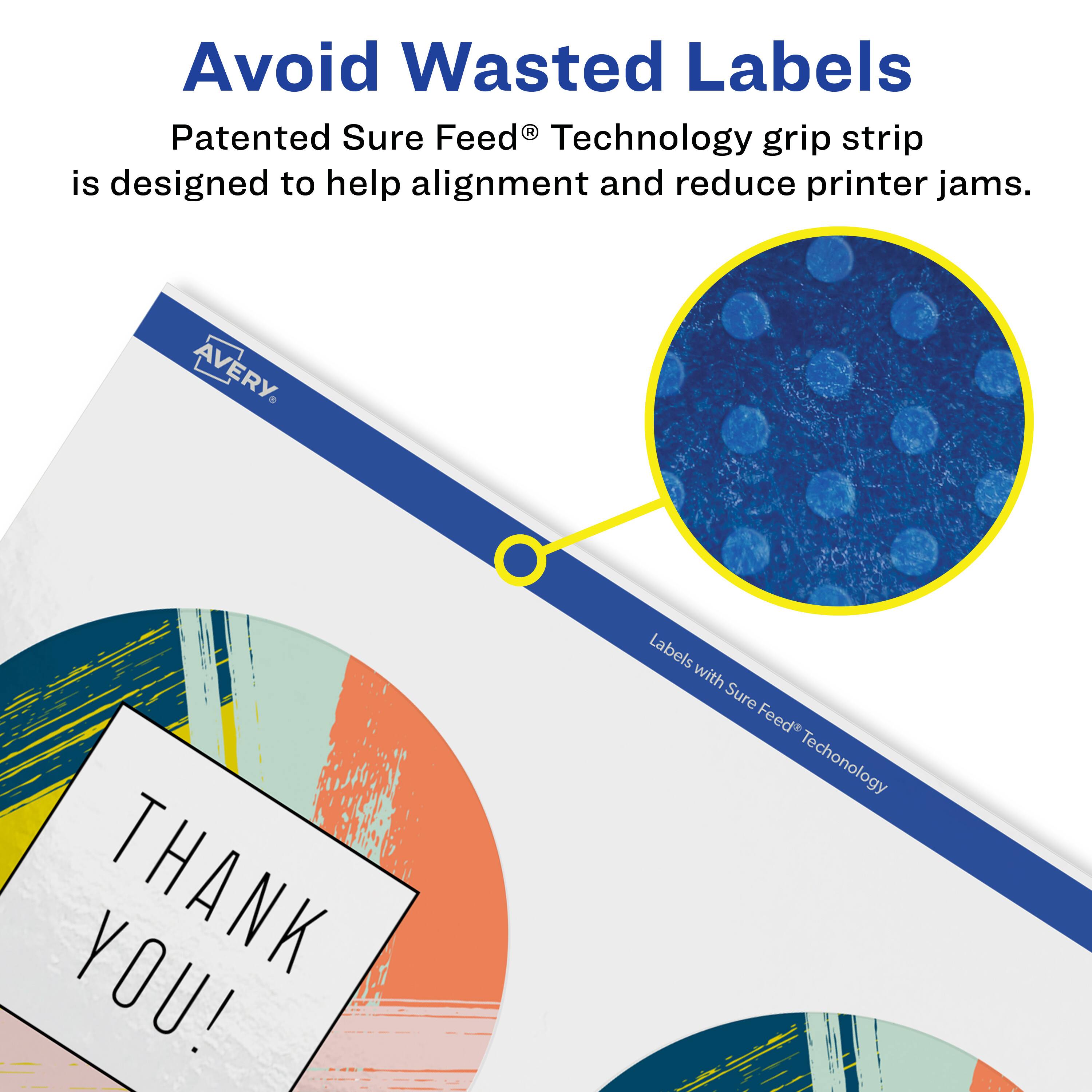 Avoid Wasted Labels

Patented Sure Feed® Technology grip strip is designed to help alignment and reduce printer jams.

AVERY

Labels with Sure Feed® Technology

THANK YOU!