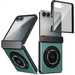 Dteck - Full Hinge Phone Case for Samsung Galaxy Z Flip8 with Tempered Glass Screen Protector,Rugged Ring Stand Hard PC Cover - Green