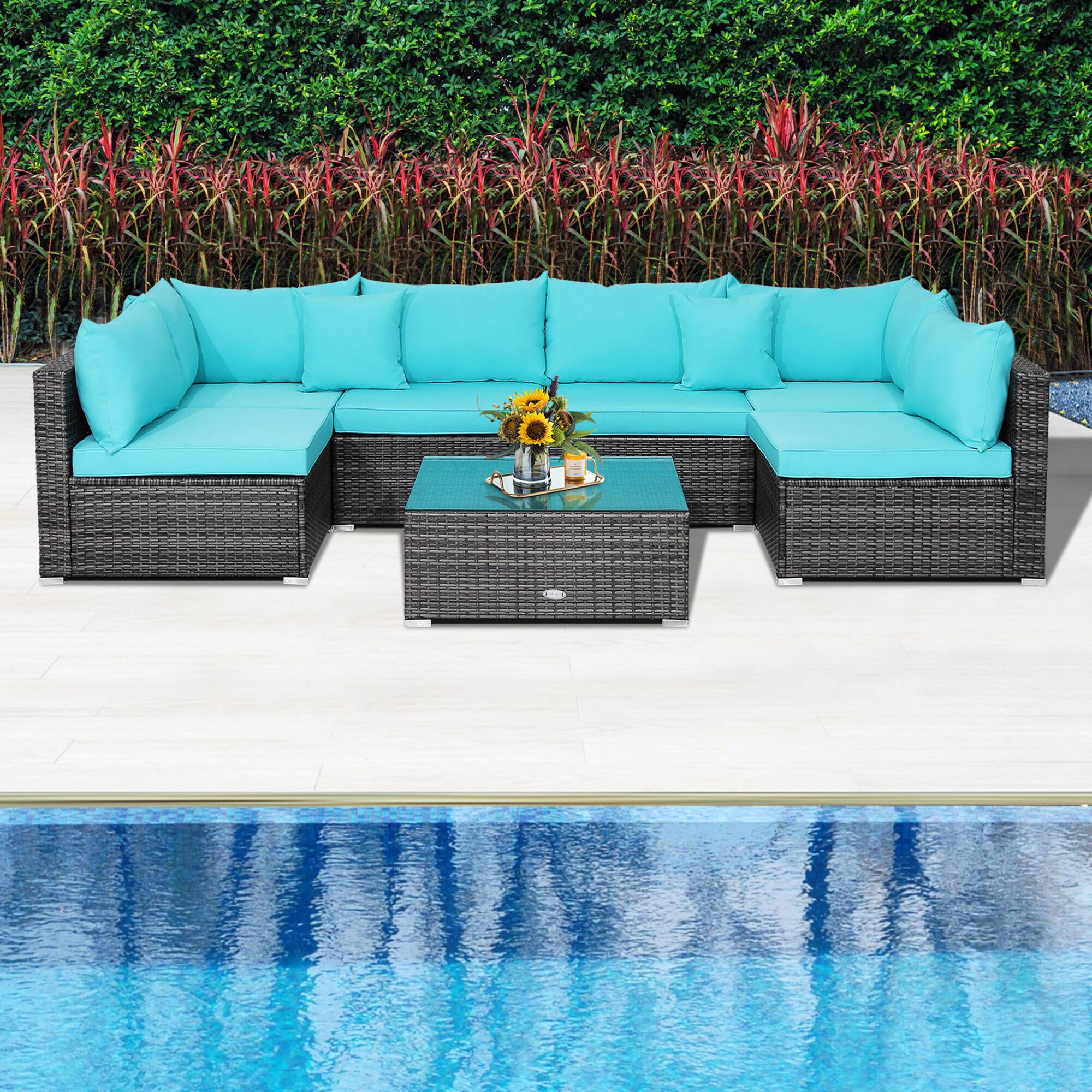 Alt View 9. Gymax - Gymax 7PCS Patio Rattan Sectional Sofa Set Outdoor Furniture Set w/ Turquoise Cushions - Turquoise.
